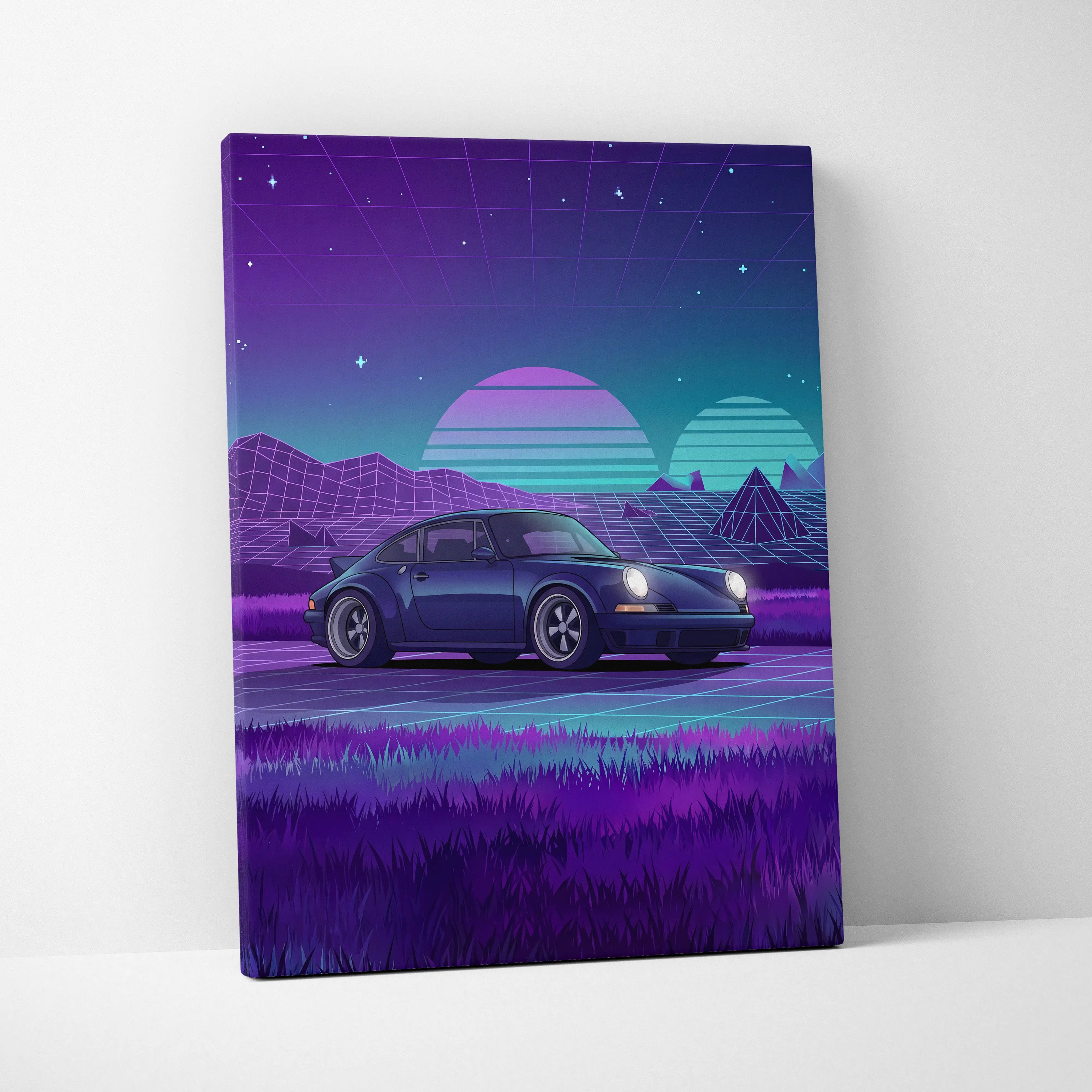 Porsche 911 Classic Inspired Blue Purple Canvas Wall Art Vaporwave Sunset Sports Car Artwork, Retro Neon Landscape Garage Decor