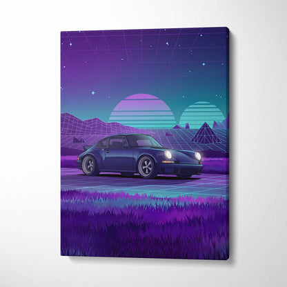 Porsche 911 Classic Inspired Blue Purple Canvas Wall Art Vaporwave Sunset Sports Car Artwork, Retro Neon Landscape Garage Decor