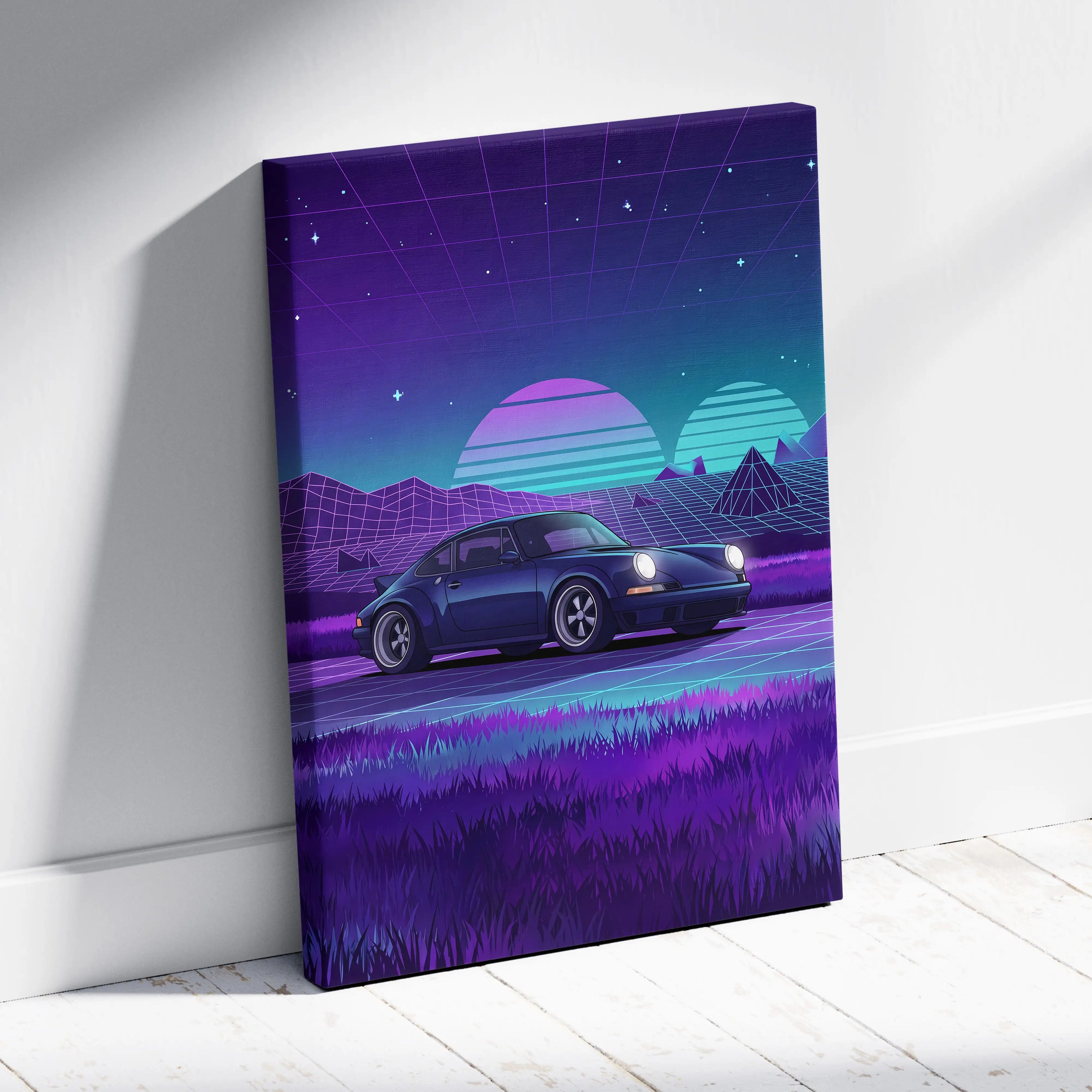 Porsche 911 Classic Inspired Blue Purple Canvas Wall Art Vaporwave Sunset Sports Car Artwork, Retro Neon Landscape Garage Decor
