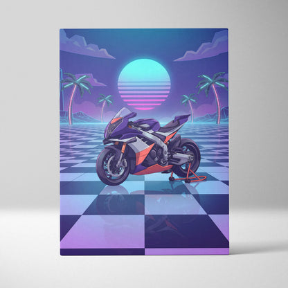 Aprilia RSV4 Xtrenta Inspired Orange Purple Vaporwave Motorcycle Canvas Wall Art Neon Checkerboard Sportbike Artwork Retro Futuristic Garage Decor