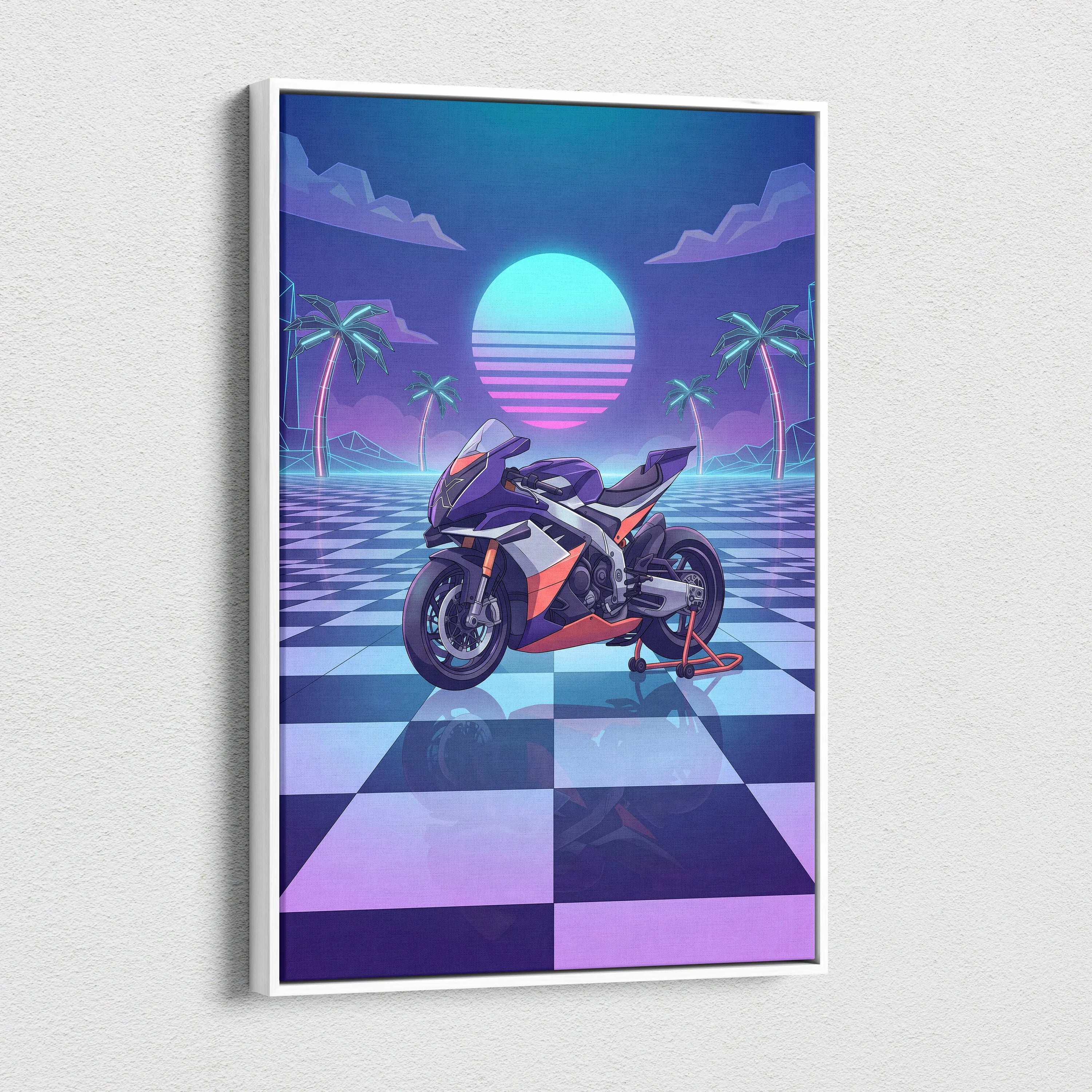 Aprilia RSV4 Xtrenta Inspired Orange Purple Vaporwave Motorcycle Canvas Wall Art Neon Checkerboard Sportbike Artwork Retro Futuristic Garage Decor