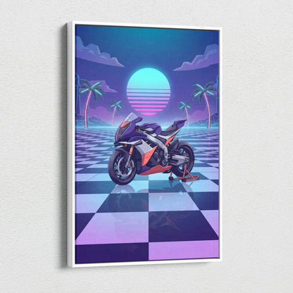 Aprilia RSV4 Xtrenta Inspired Orange Purple Vaporwave Motorcycle Canvas Wall Art Neon Checkerboard Sportbike Artwork Retro Futuristic Garage Decor