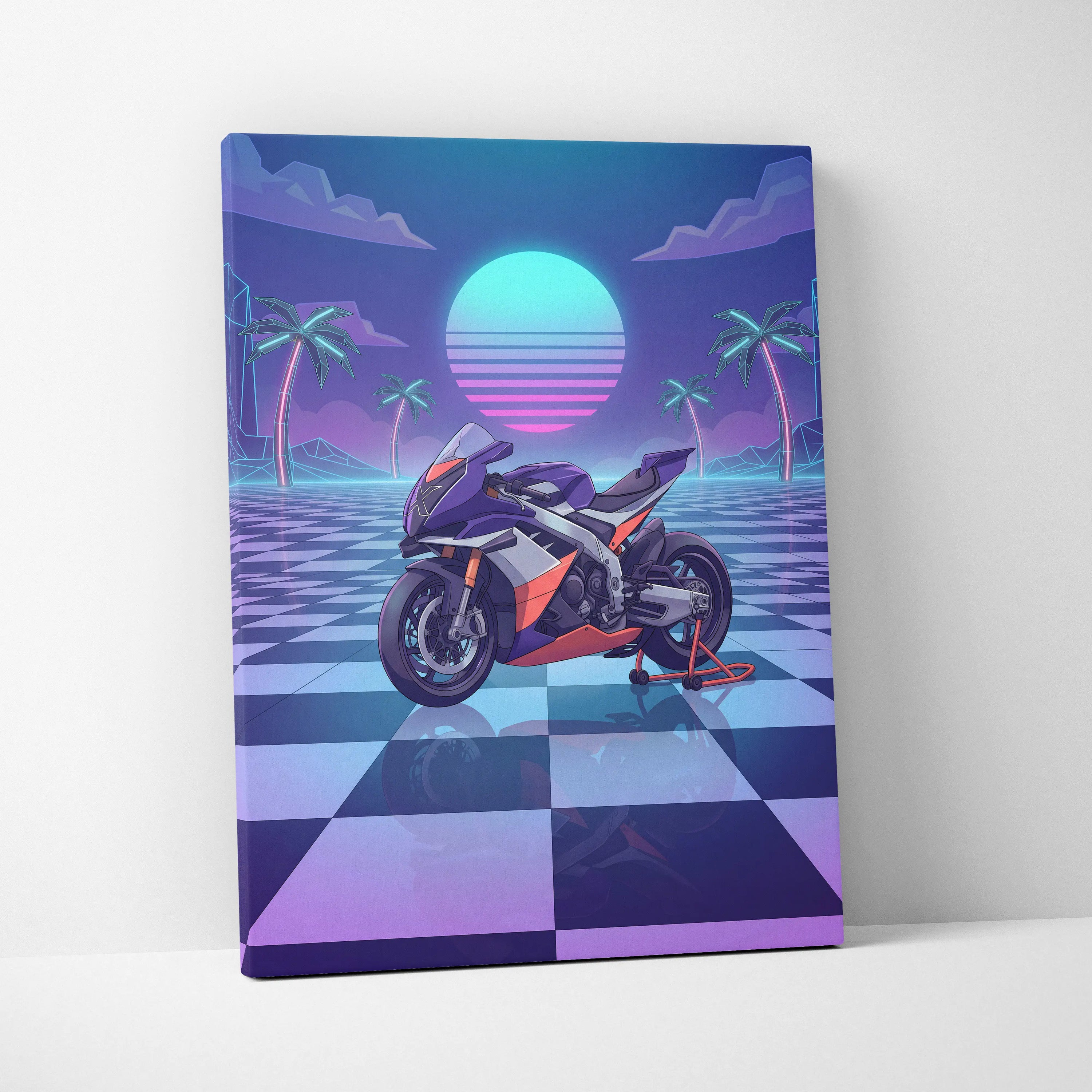 Aprilia RSV4 Xtrenta Inspired Orange Purple Vaporwave Motorcycle Canvas Wall Art Neon Checkerboard Sportbike Artwork Retro Futuristic Garage Decor