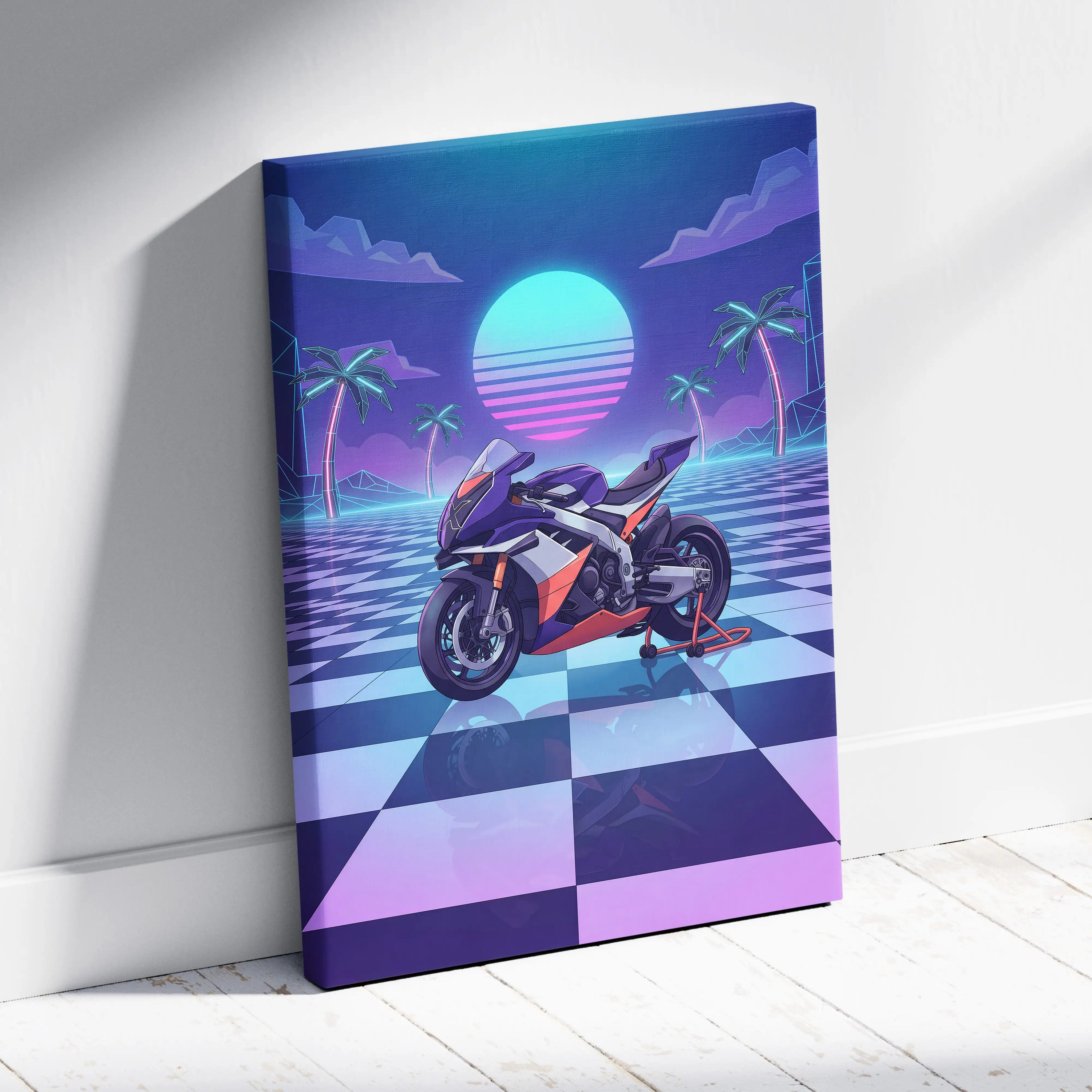 Aprilia RSV4 Xtrenta Inspired Orange Purple Vaporwave Motorcycle Canvas Wall Art Neon Checkerboard Sportbike Artwork Retro Futuristic Garage Decor