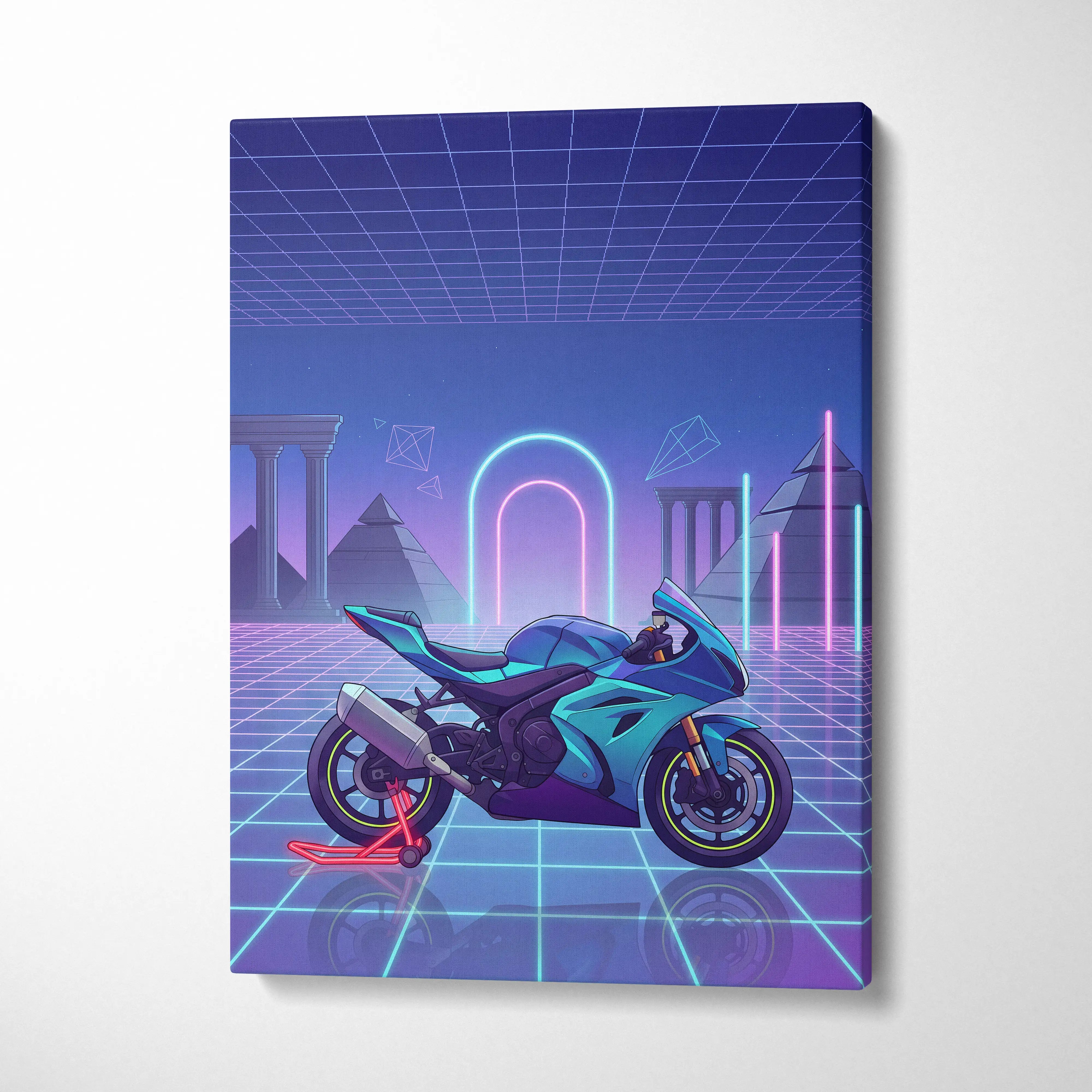 Suzuki GSX-R1000 Inspired Teal Purple Motorcycle Canvas Wall Art Vaporwave Neon Grid Sportbike Artwork for Garage Decor Retro Futuristic Print