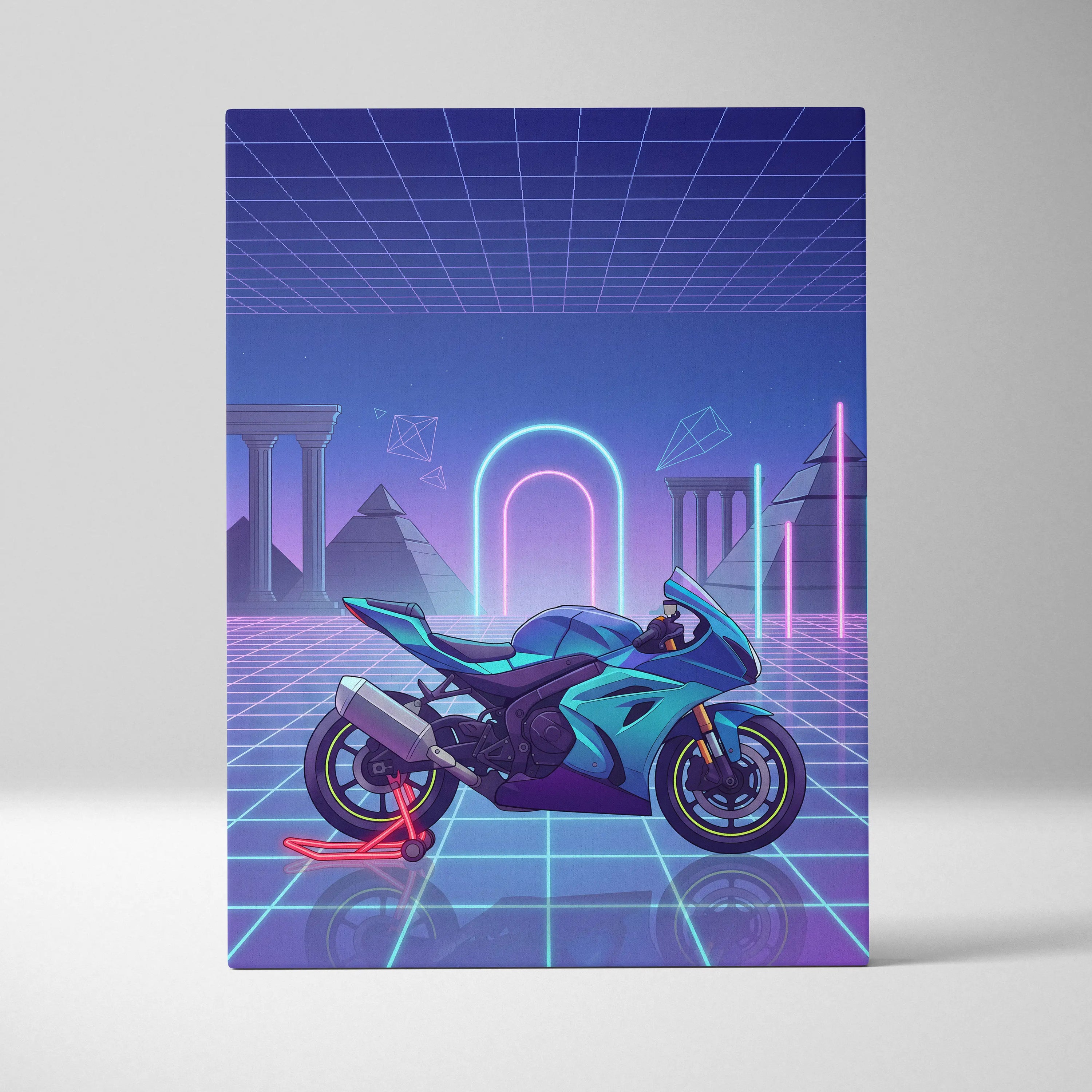 Suzuki GSX-R1000 Inspired Teal Purple Motorcycle Canvas Wall Art Vaporwave Neon Grid Sportbike Artwork for Garage Decor Retro Futuristic Print