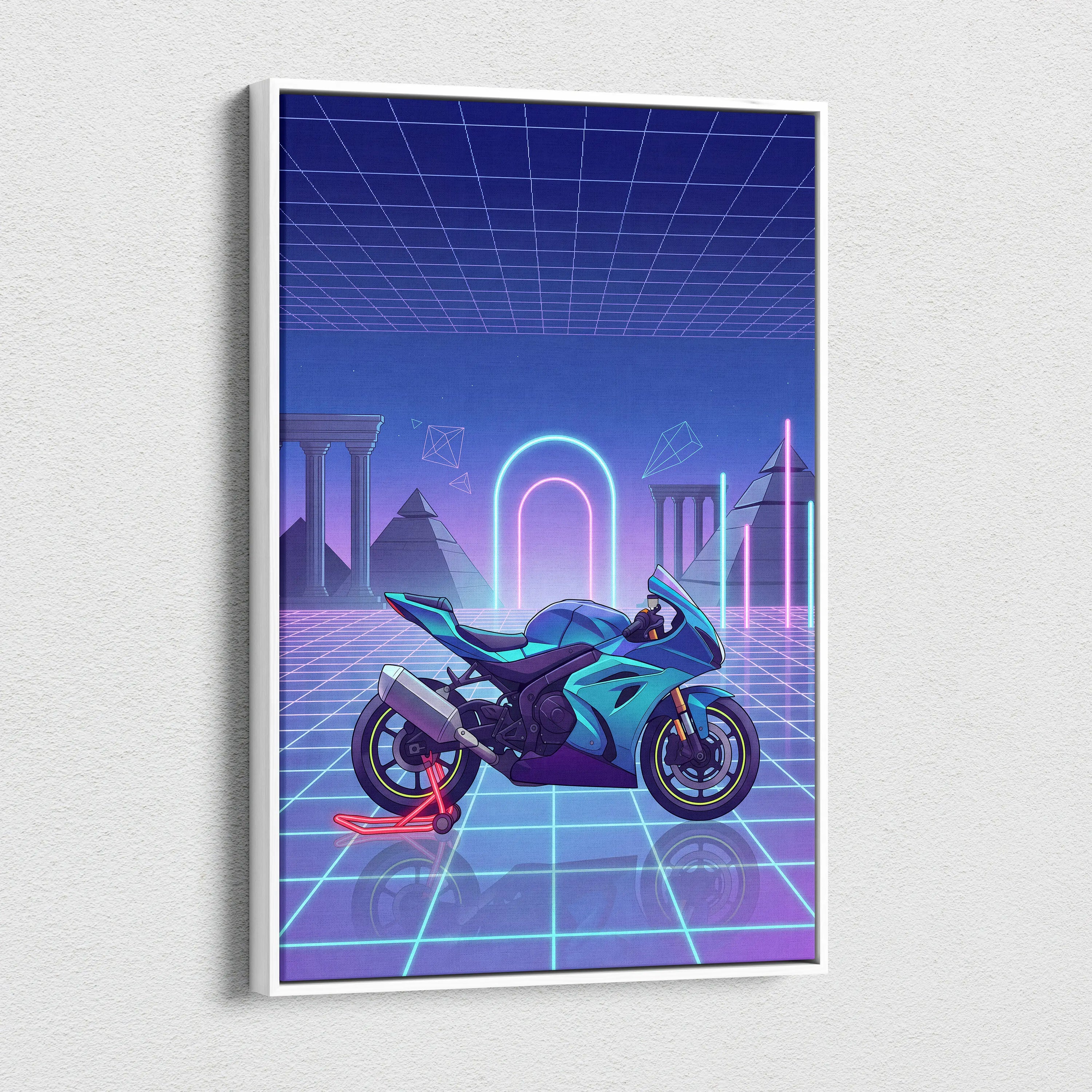 Suzuki GSX-R1000 Inspired Teal Purple Motorcycle Canvas Wall Art Vaporwave Neon Grid Sportbike Artwork for Garage Decor Retro Futuristic Print