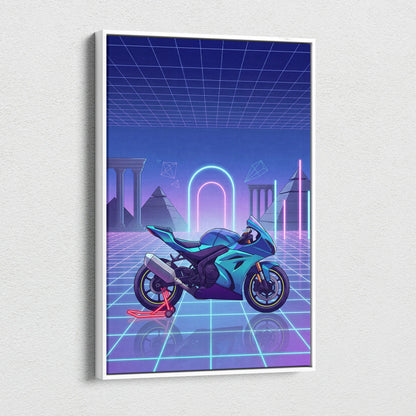 Suzuki GSX-R1000 Inspired Teal Purple Motorcycle Canvas Wall Art Vaporwave Neon Grid Sportbike Artwork for Garage Decor Retro Futuristic Print