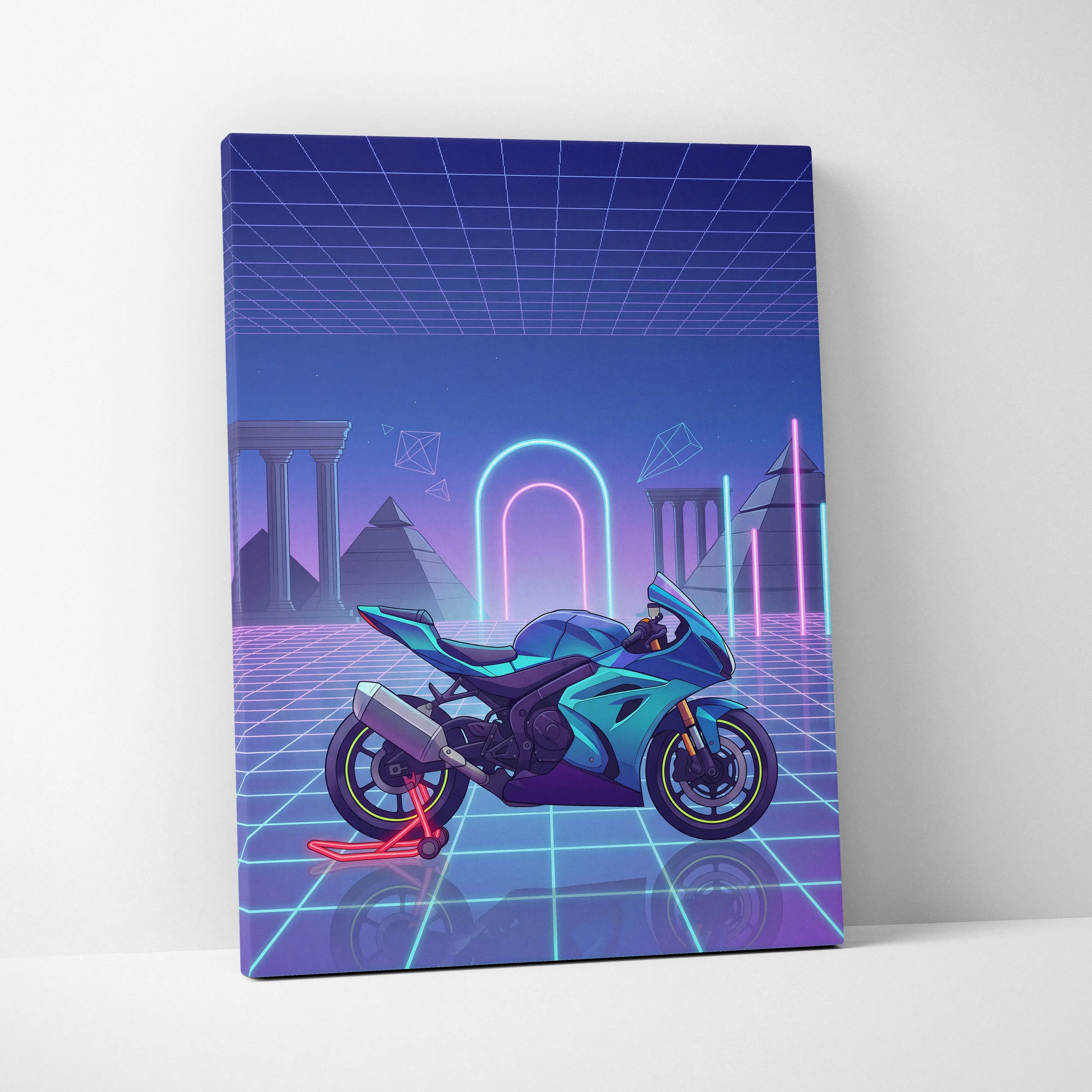 Suzuki GSX-R1000 Inspired Teal Purple Motorcycle Canvas Wall Art Vaporwave Neon Grid Sportbike Artwork for Garage Decor Retro Futuristic Print