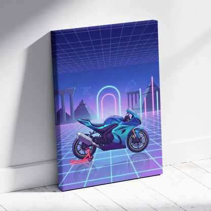 Suzuki GSX-R1000 Inspired Teal Purple Motorcycle Canvas Wall Art Vaporwave Neon Grid Sportbike Artwork for Garage Decor Retro Futuristic Print