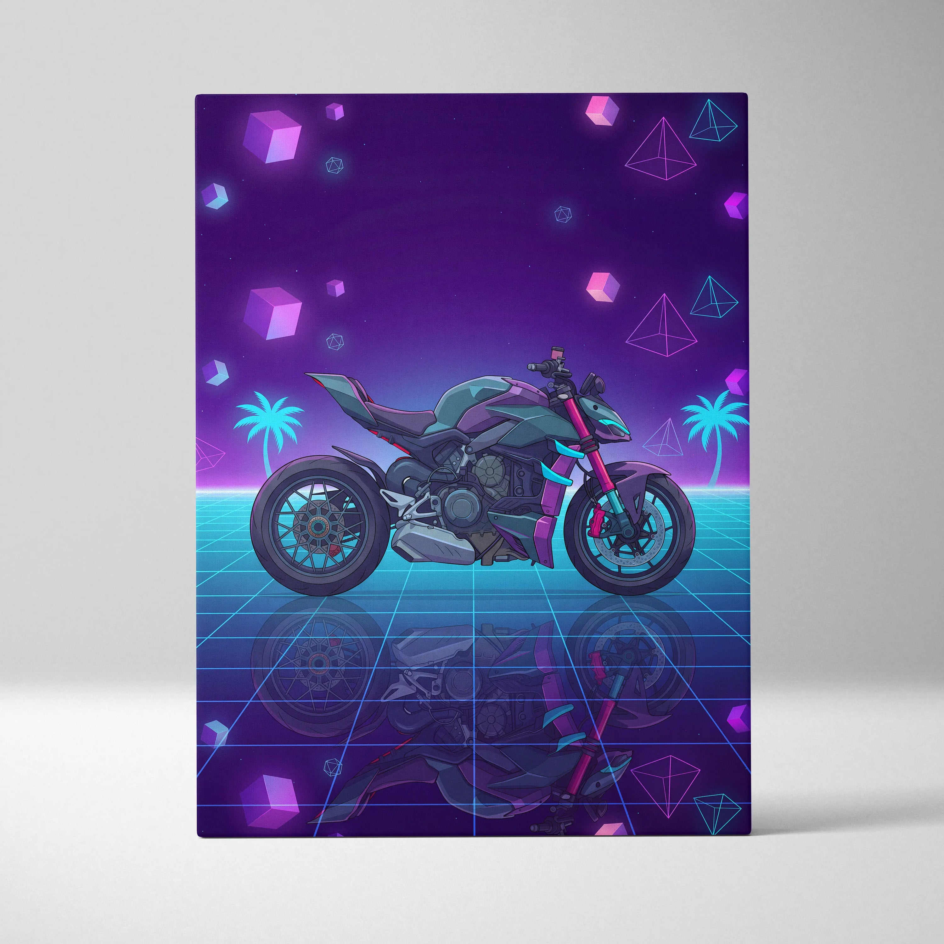 Ducati Streetfighter V4 Inspired Teal Purple Motorcycle Canvas Wall Art Vaporwave Neon Hypernaked Garage Decor Retro Futuristic Artwork