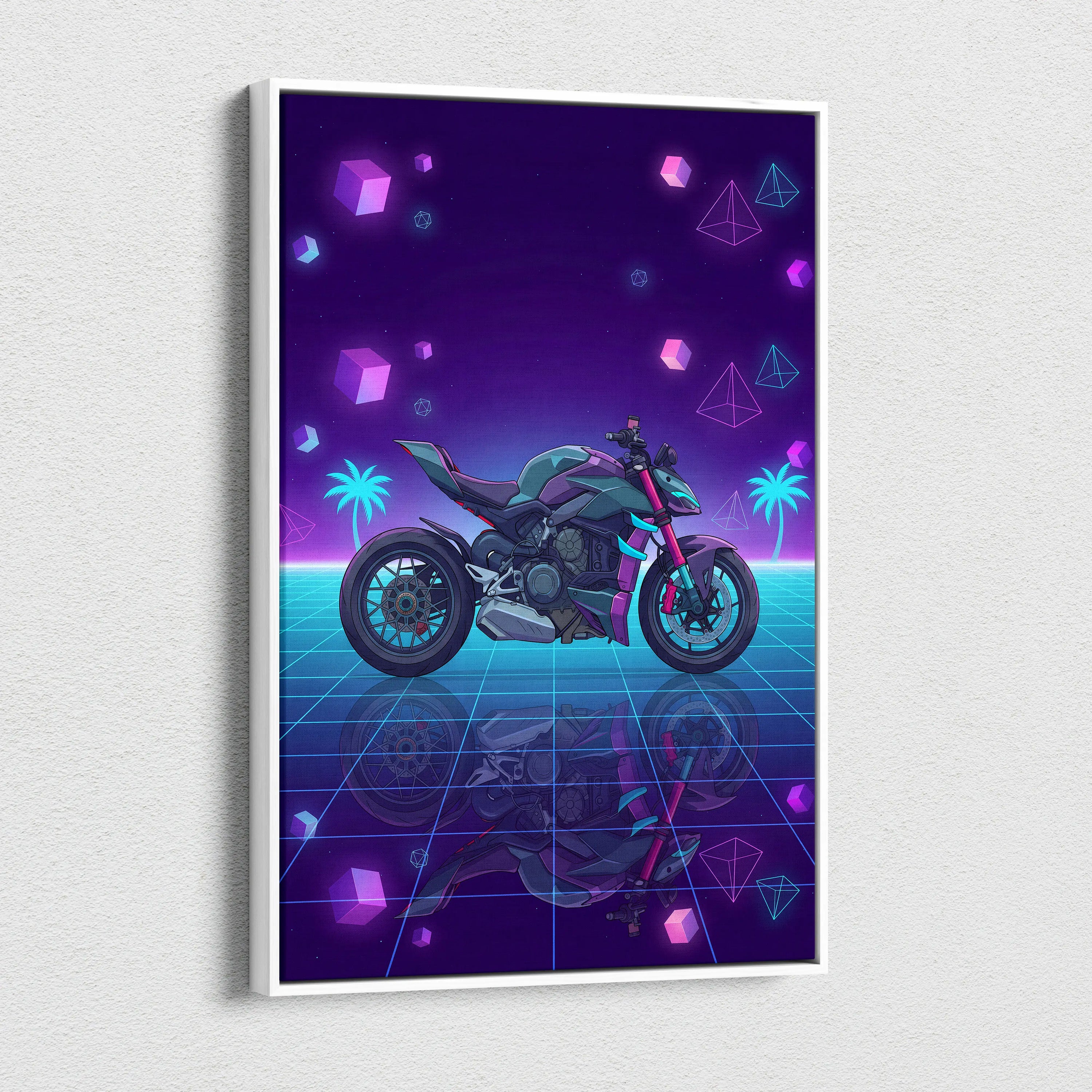 Ducati Streetfighter V4 Inspired Teal Purple Motorcycle Canvas Wall Art Vaporwave Neon Hypernaked Garage Decor Retro Futuristic Artwork