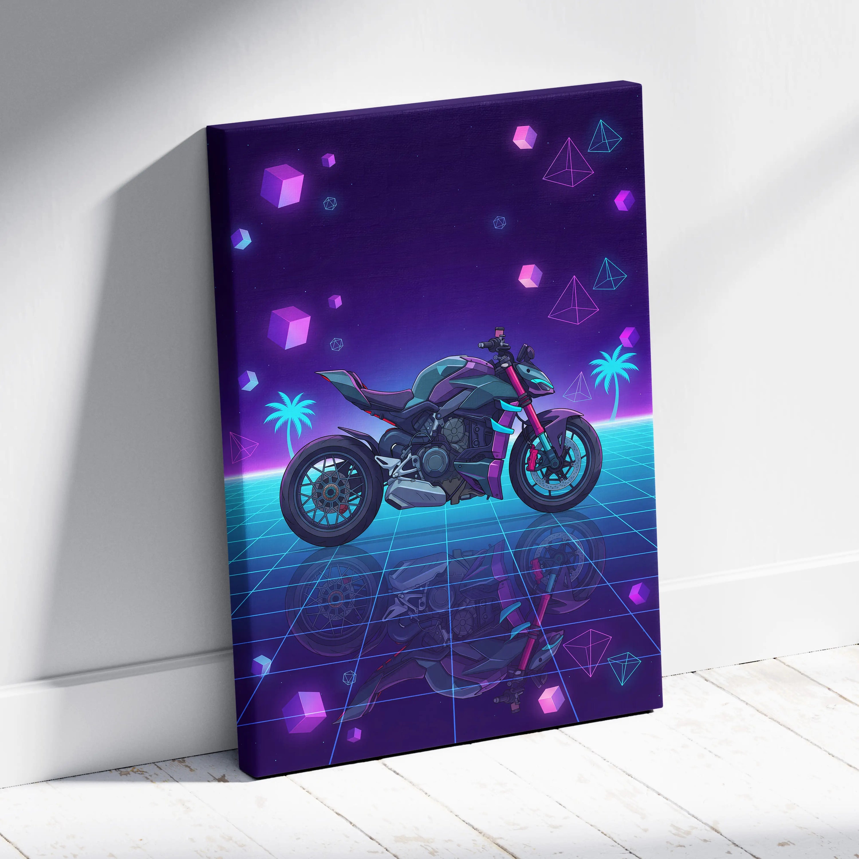 Ducati Streetfighter V4 Inspired Teal Purple Motorcycle Canvas Wall Art Vaporwave Neon Hypernaked Garage Decor Retro Futuristic Artwork