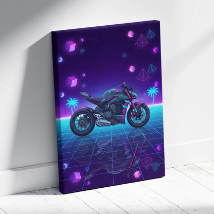 Ducati Streetfighter V4 Inspired Teal Purple Motorcycle Canvas Wall Art Vaporwave Neon Hypernaked Garage Decor Retro Futuristic Artwork