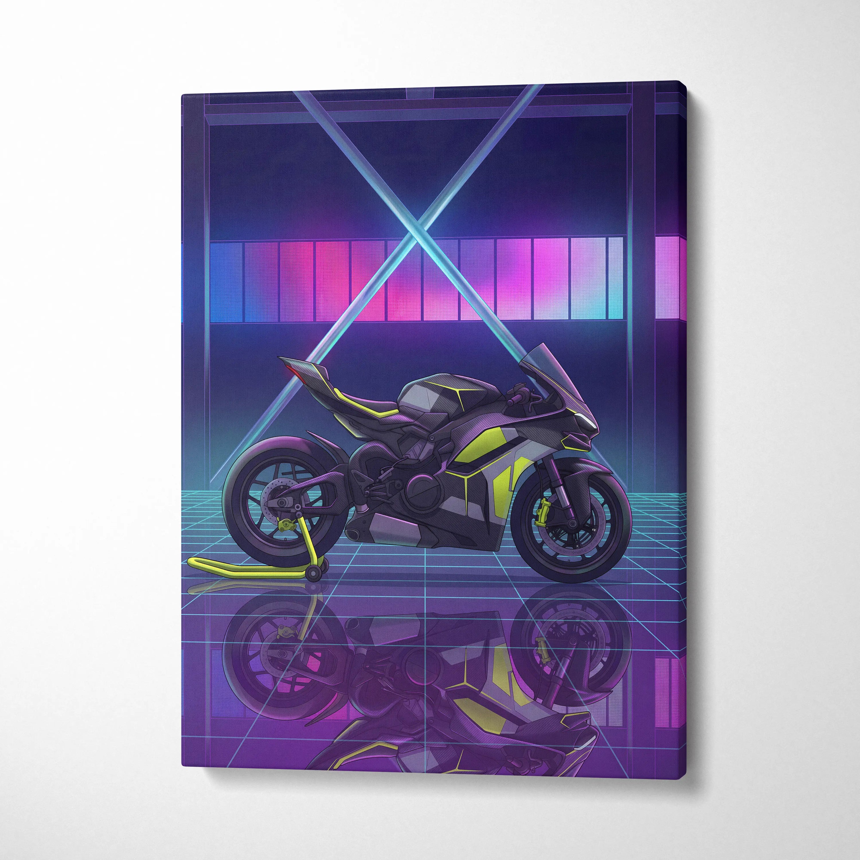 Ducati Panigale V4 Inspired Black Lime Vaporwave Motorcycle Canvas Wall Art Neon Grid Sportbike Artwork Cyberpunk Garage Decor