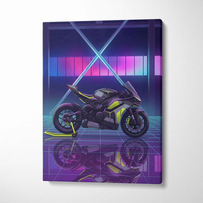 Ducati Panigale V4 Inspired Black Lime Vaporwave Motorcycle Canvas Wall Art Neon Grid Sportbike Artwork Cyberpunk Garage Decor