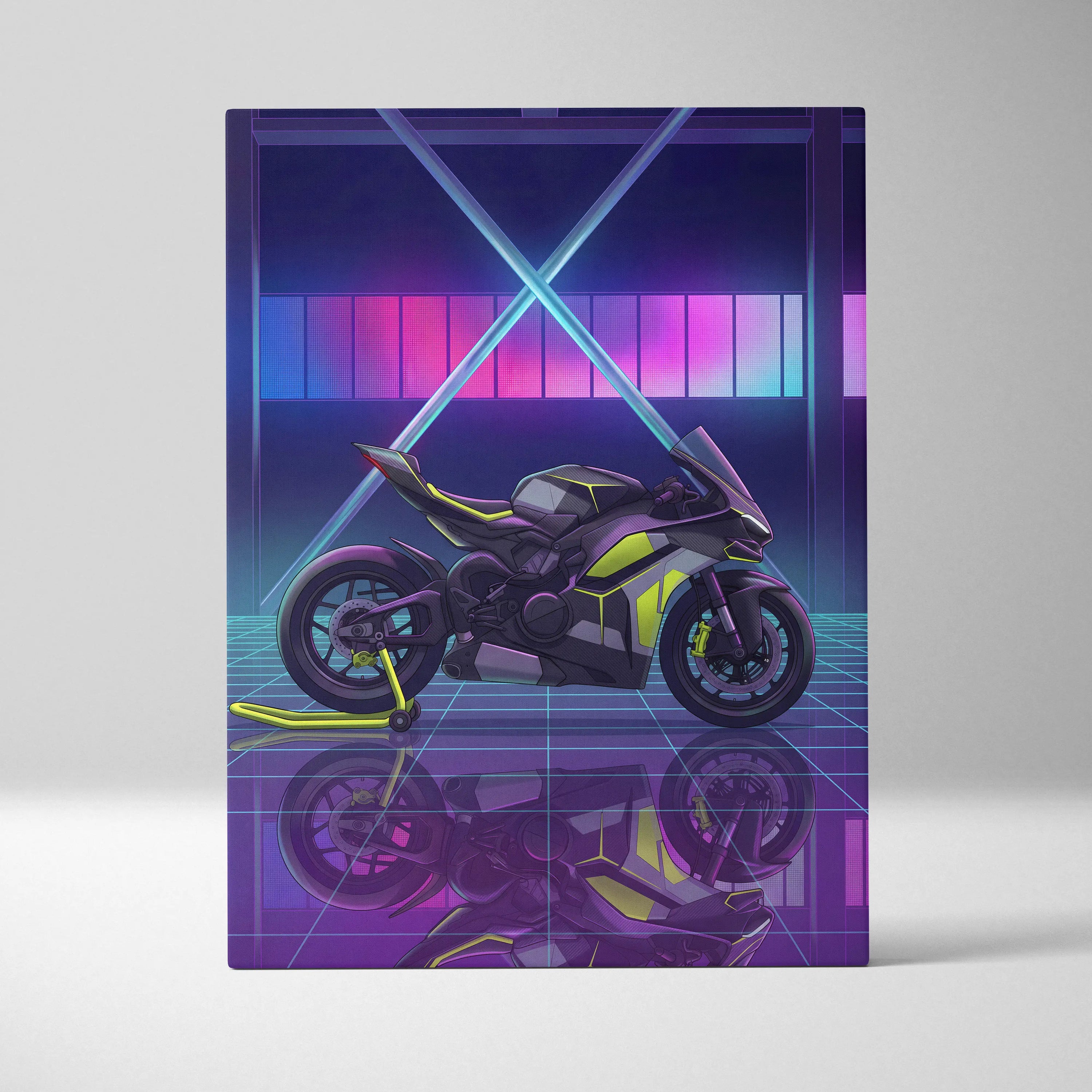 Ducati Panigale V4 Inspired Black Lime Vaporwave Motorcycle Canvas Wall Art Neon Grid Sportbike Artwork Cyberpunk Garage Decor