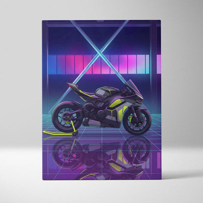 Ducati Panigale V4 Inspired Black Lime Vaporwave Motorcycle Canvas Wall Art Neon Grid Sportbike Artwork Cyberpunk Garage Decor
