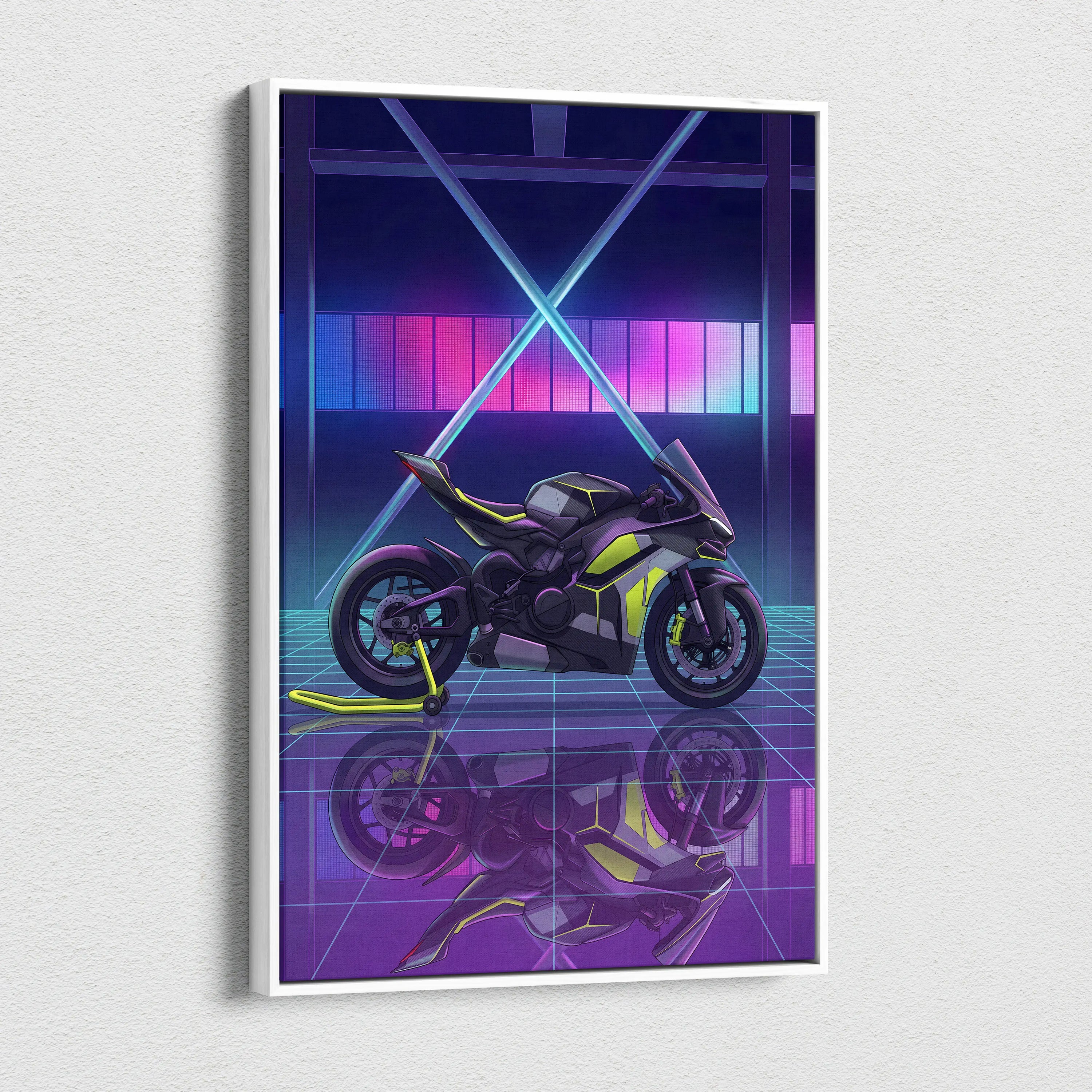 Ducati Panigale V4 Inspired Black Lime Vaporwave Motorcycle Canvas Wall Art Neon Grid Sportbike Artwork Cyberpunk Garage Decor
