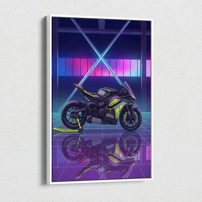 Ducati Panigale V4 Inspired Black Lime Vaporwave Motorcycle Canvas Wall Art Neon Grid Sportbike Artwork Cyberpunk Garage Decor