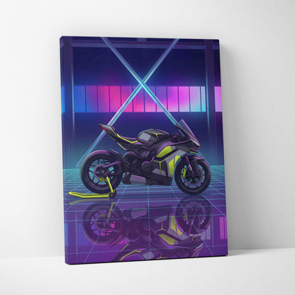Ducati Panigale V4 Inspired Black Lime Vaporwave Motorcycle Canvas Wall Art Neon Grid Sportbike Artwork Cyberpunk Garage Decor