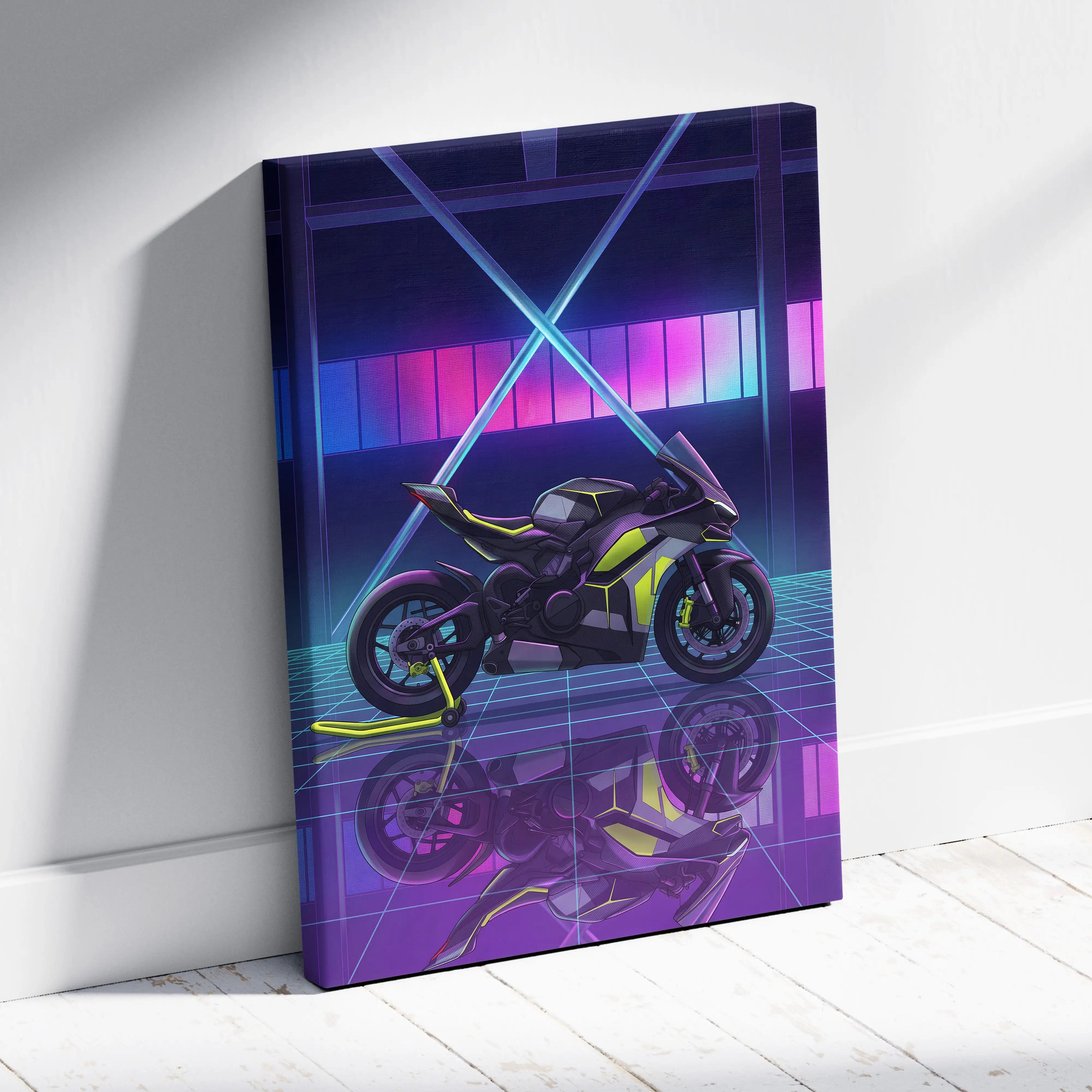 Ducati Panigale V4 Inspired Black Lime Vaporwave Motorcycle Canvas Wall Art Neon Grid Sportbike Artwork Cyberpunk Garage Decor