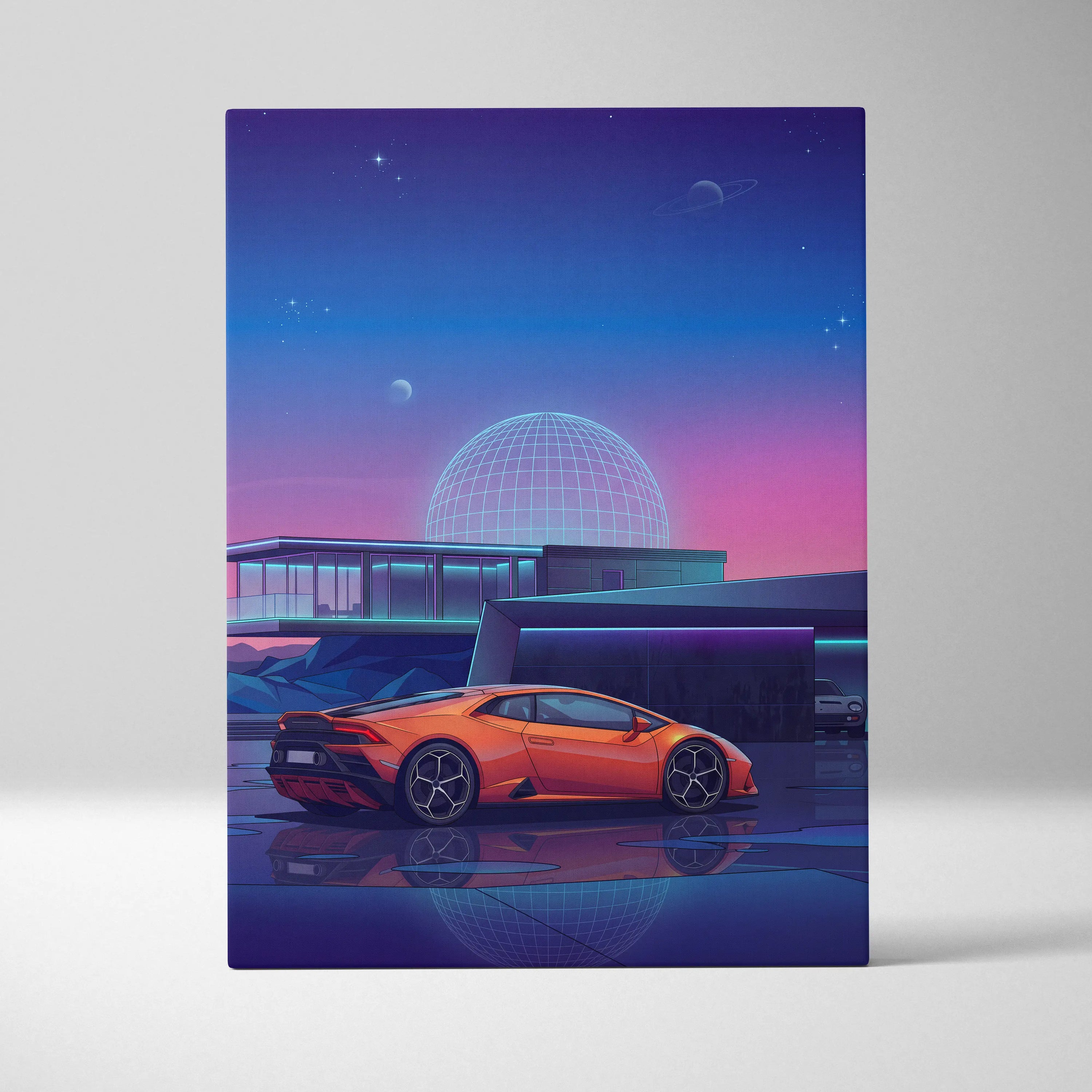 Lamborghini Huracan Inspired Orange Purple Canvas Wall Art Vaporwave Supercar Artwork Neon Observatory Garage Decor Retro Futuristic Night Print
