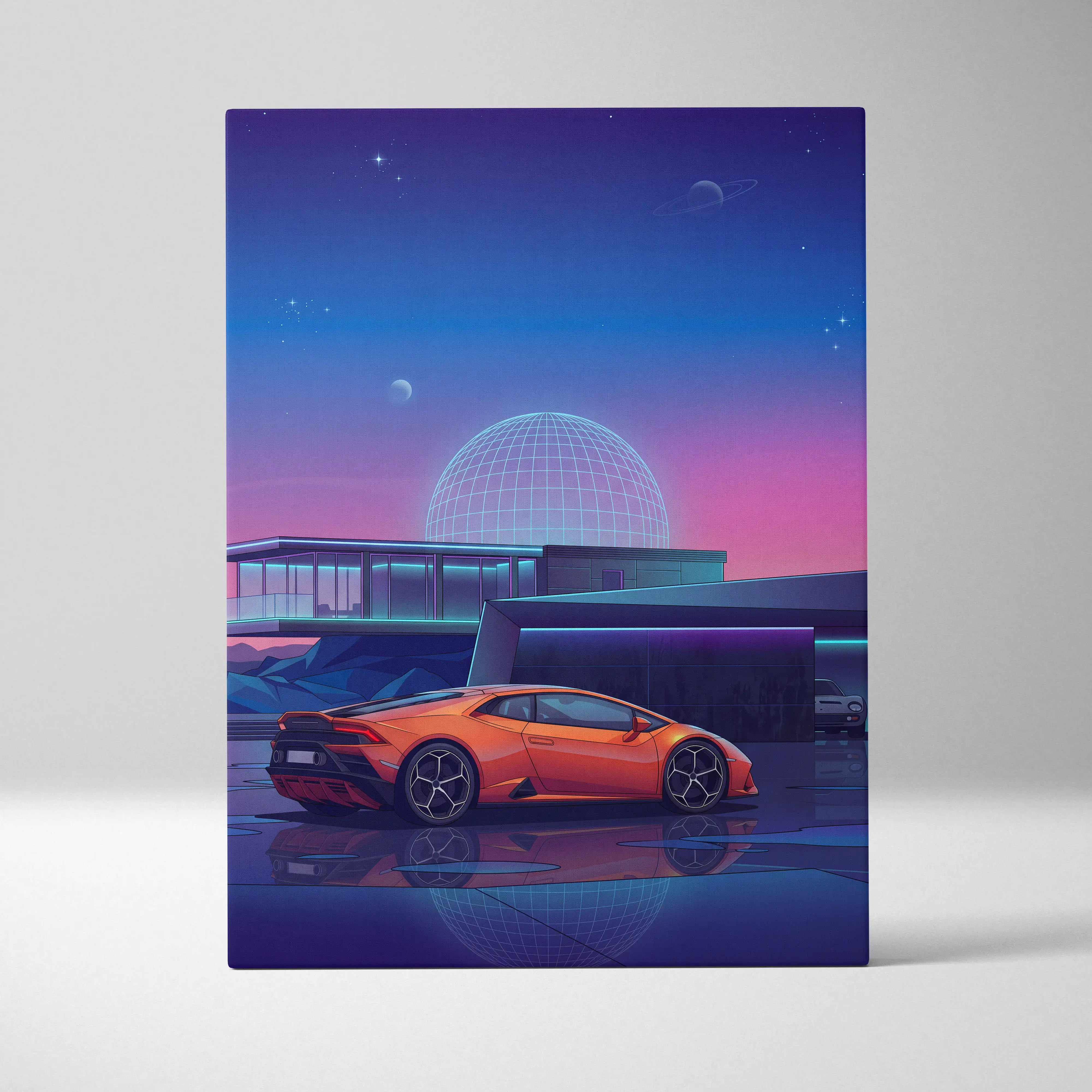 Lamborghini Huracan Inspired Orange Purple Canvas Wall Art Vaporwave Supercar Artwork Neon Observatory Garage Decor Retro Futuristic Night Print