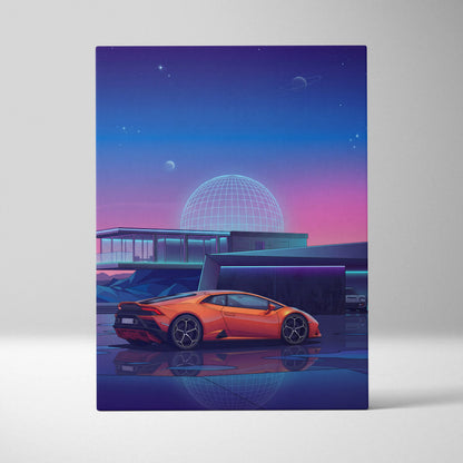 Lamborghini Huracan Inspired Orange Purple Canvas Wall Art Vaporwave Supercar Artwork Neon Observatory Garage Decor Retro Futuristic Night Print