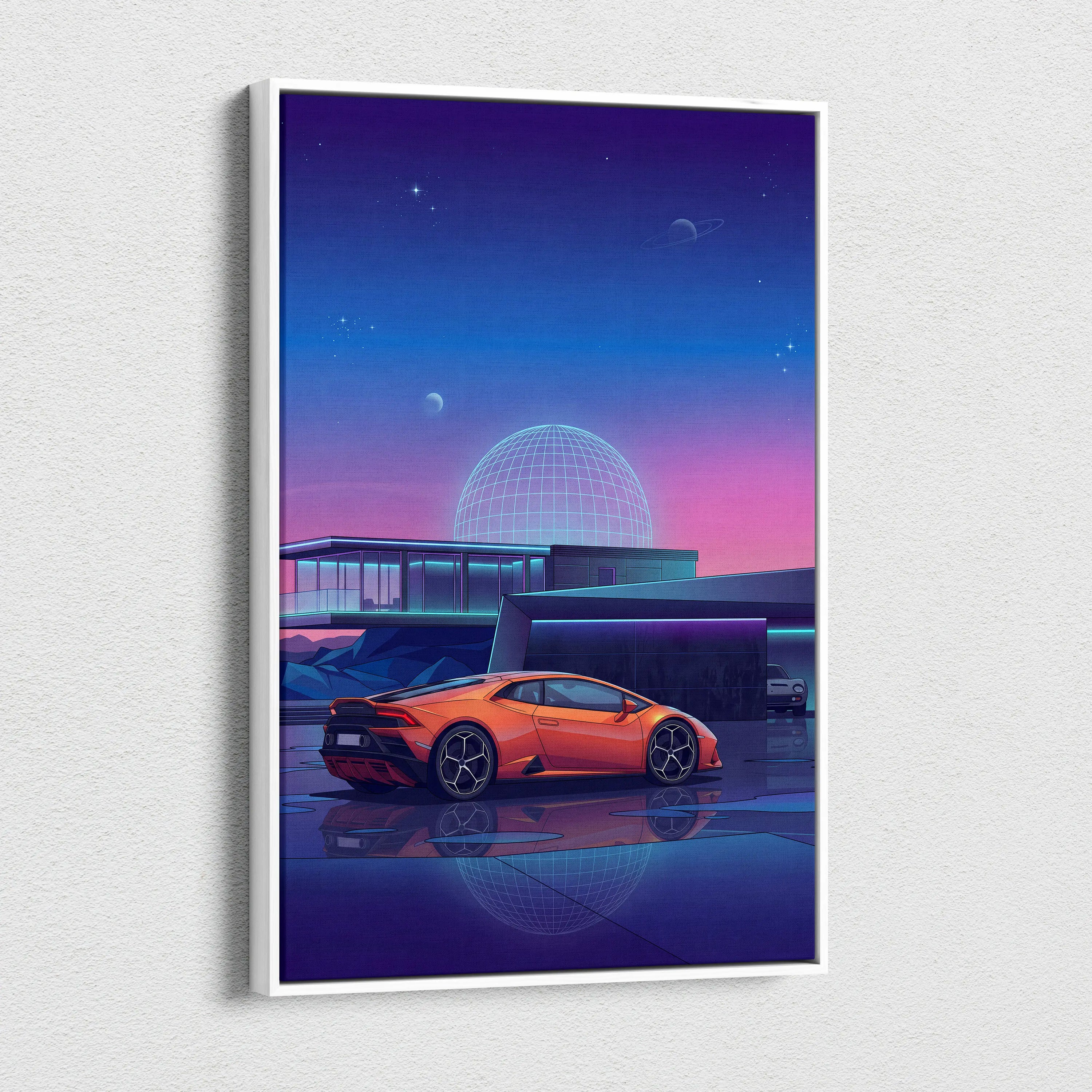 Lamborghini Huracan Inspired Orange Purple Canvas Wall Art Vaporwave Supercar Artwork Neon Observatory Garage Decor Retro Futuristic Night Print