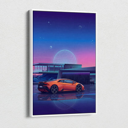 Lamborghini Huracan Inspired Orange Purple Canvas Wall Art Vaporwave Supercar Artwork Neon Observatory Garage Decor Retro Futuristic Night Print