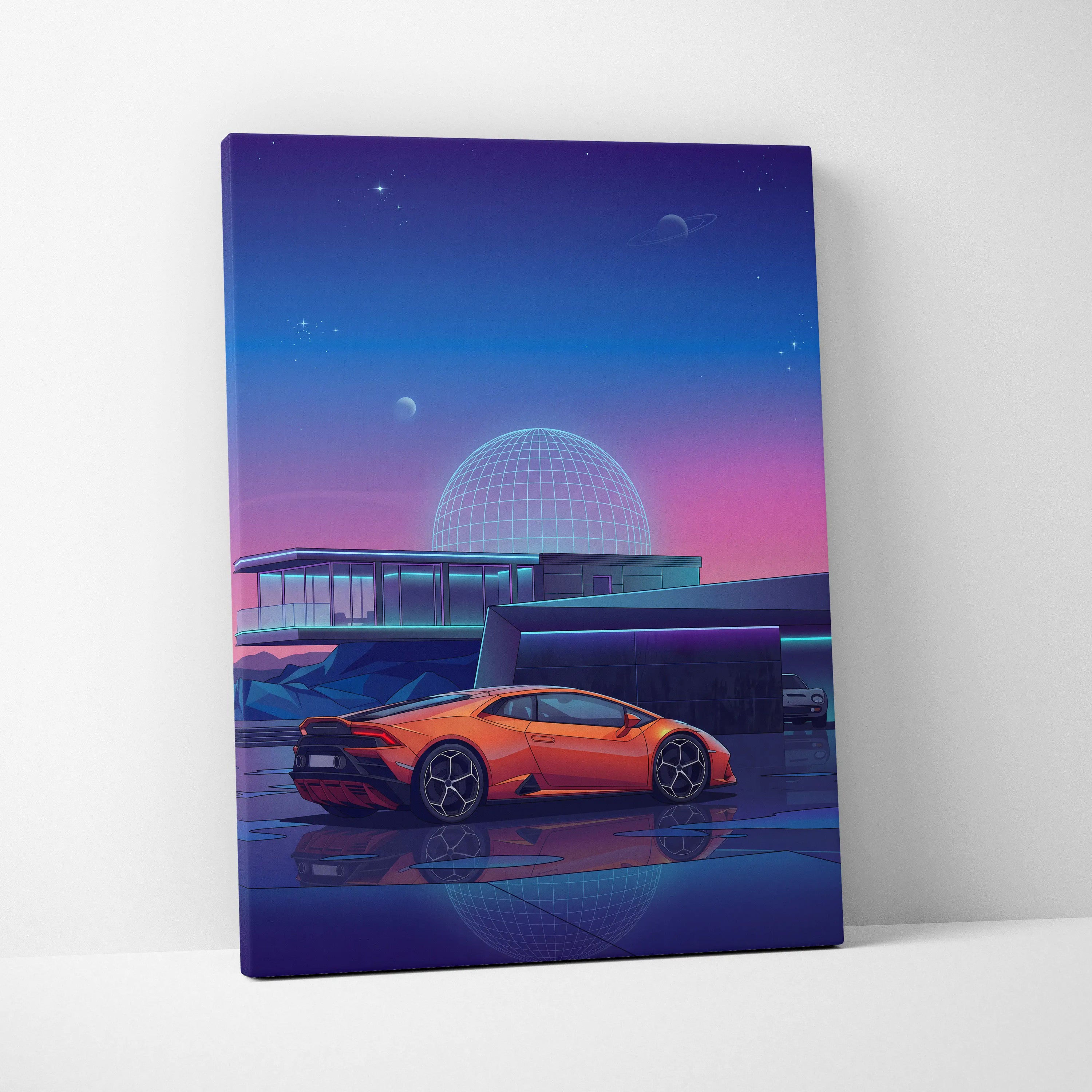 Lamborghini Huracan Inspired Orange Purple Canvas Wall Art Vaporwave Supercar Artwork Neon Observatory Garage Decor Retro Futuristic Night Print