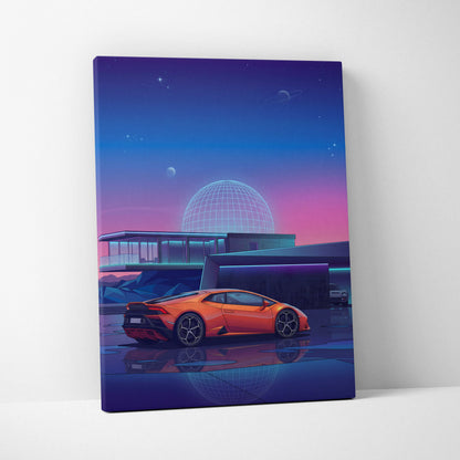 Lamborghini Huracan Inspired Orange Purple Canvas Wall Art Vaporwave Supercar Artwork Neon Observatory Garage Decor Retro Futuristic Night Print