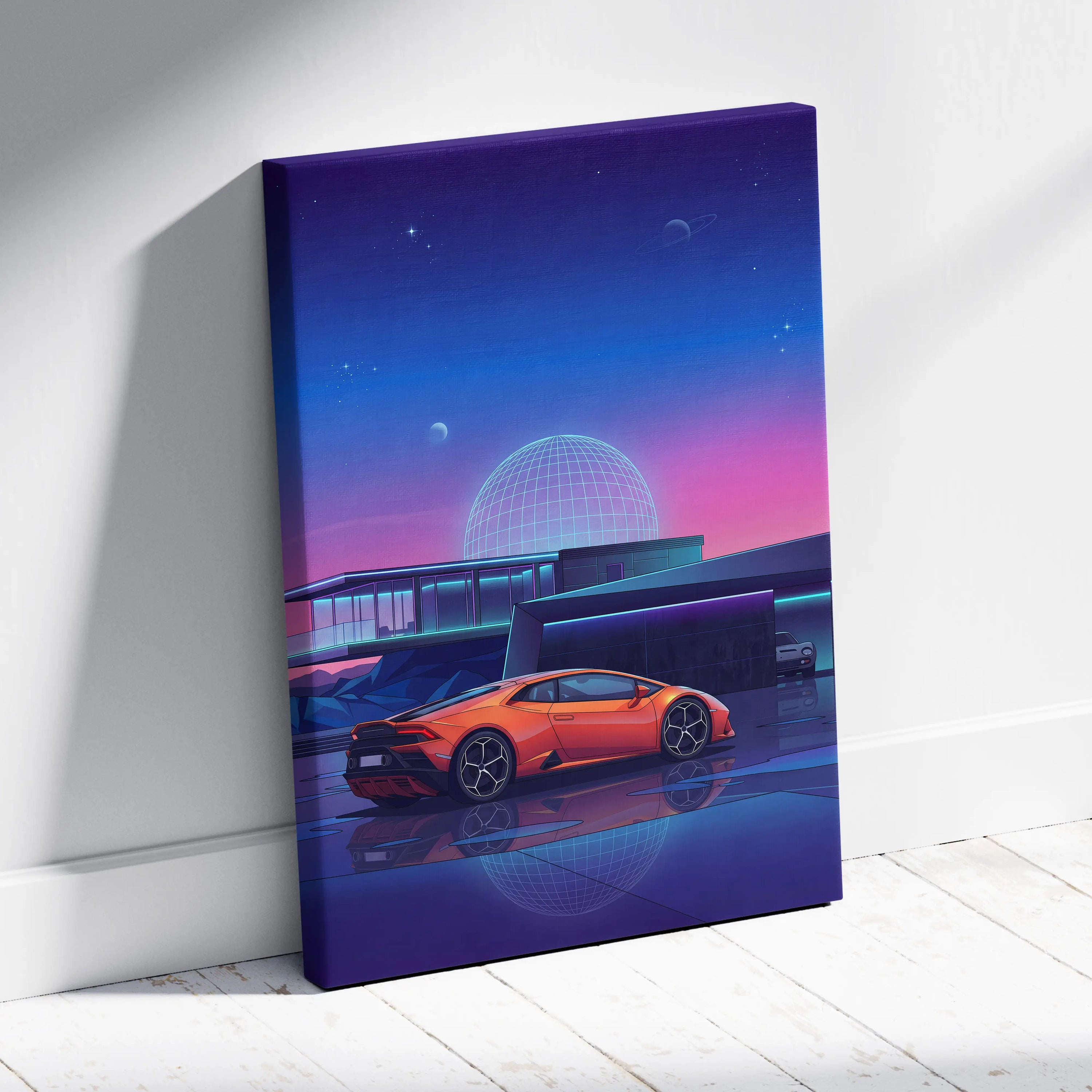 Lamborghini Huracan Inspired Orange Purple Canvas Wall Art Vaporwave Supercar Artwork Neon Observatory Garage Decor Retro Futuristic Night Print