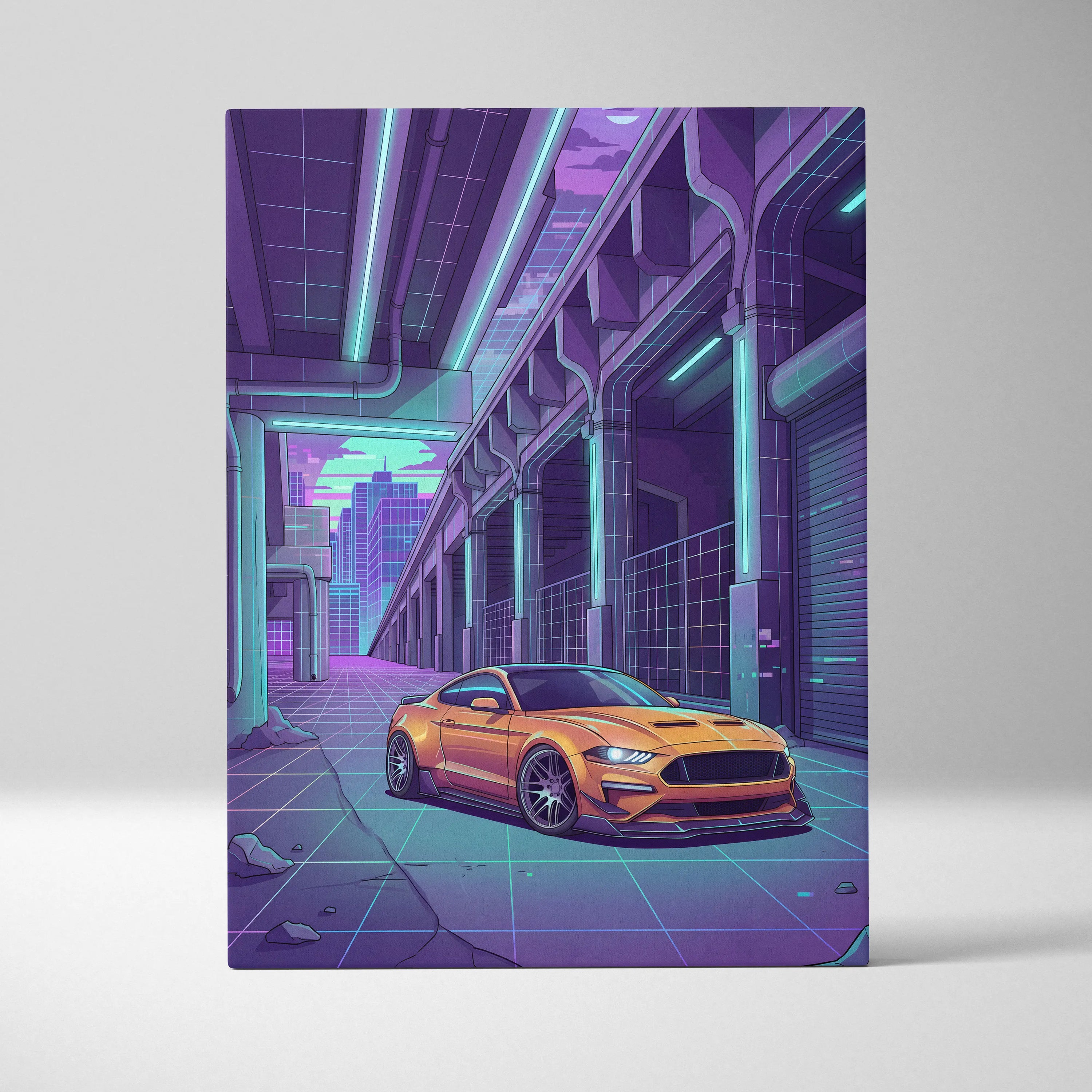 Ford Mustang Inspired Orange Purple Canvas Wall Art Vaporwave Muscle Car Artwork Neon Cyberpunk Garage Decor Futuristic City Print