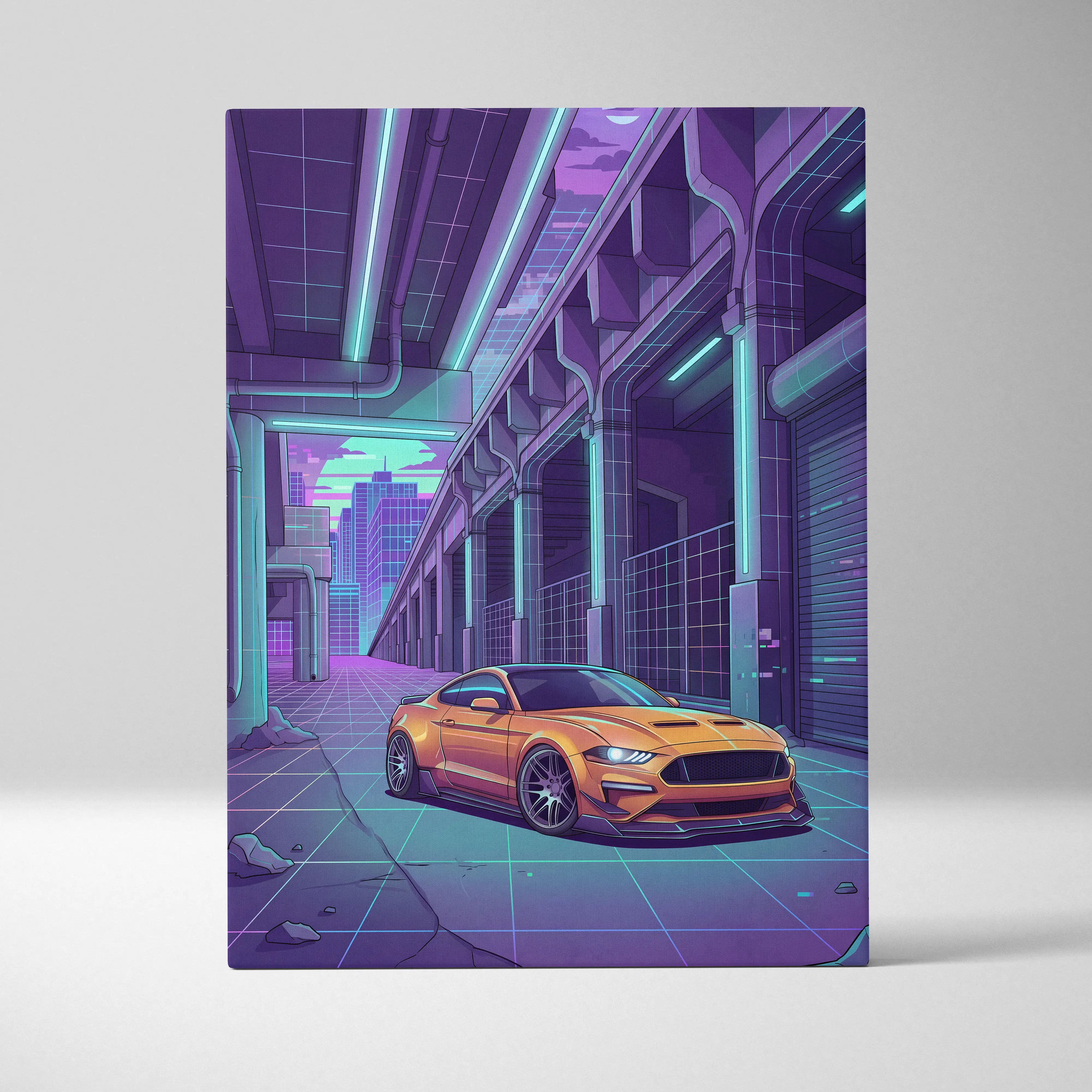 Ford Mustang Inspired Orange Purple Canvas Wall Art Vaporwave Muscle Car Artwork Neon Cyberpunk Garage Decor Futuristic City Print