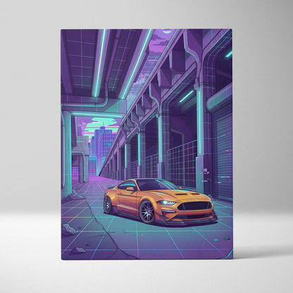 Ford Mustang Inspired Orange Purple Canvas Wall Art Vaporwave Muscle Car Artwork Neon Cyberpunk Garage Decor Futuristic City Print
