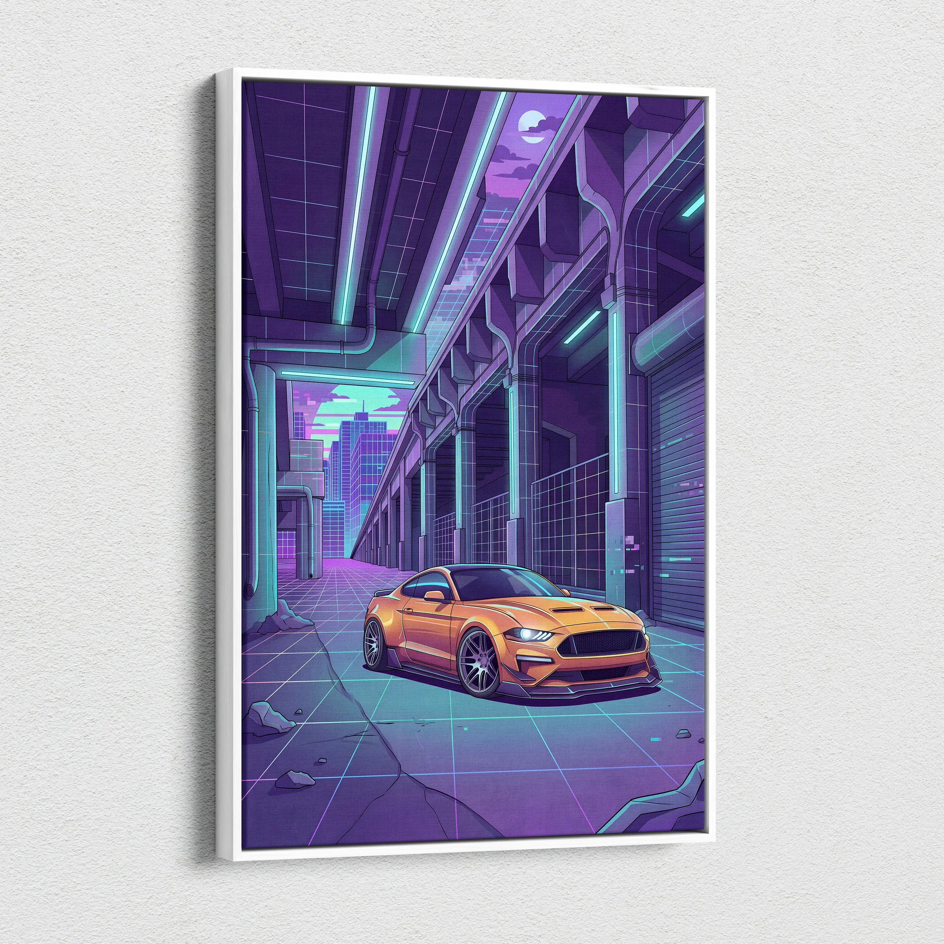Ford Mustang Inspired Orange Purple Canvas Wall Art Vaporwave Muscle Car Artwork Neon Cyberpunk Garage Decor Futuristic City Print