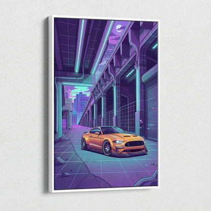 Ford Mustang Inspired Orange Purple Canvas Wall Art Vaporwave Muscle Car Artwork Neon Cyberpunk Garage Decor Futuristic City Print
