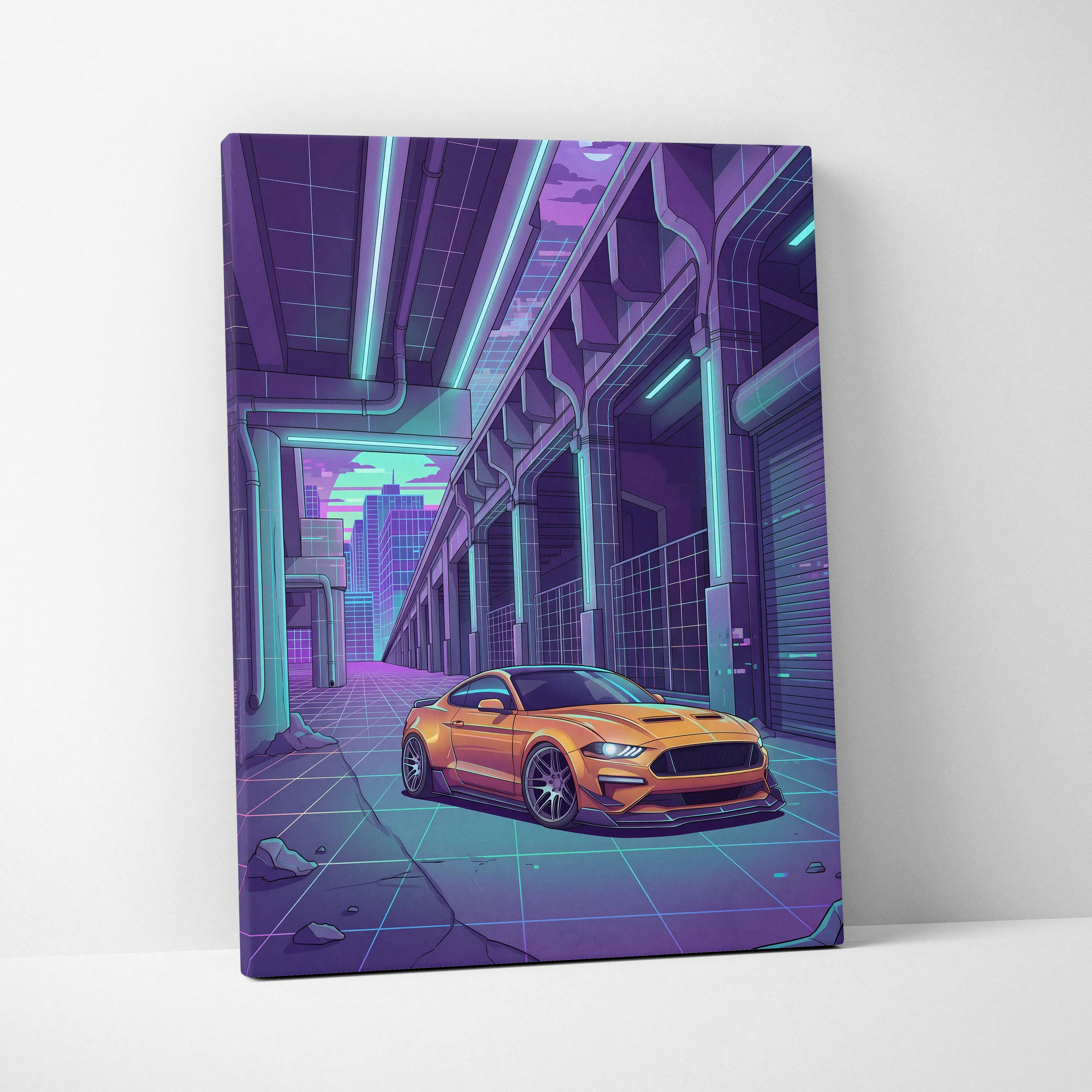 Ford Mustang Inspired Orange Purple Canvas Wall Art Vaporwave Muscle Car Artwork Neon Cyberpunk Garage Decor Futuristic City Print