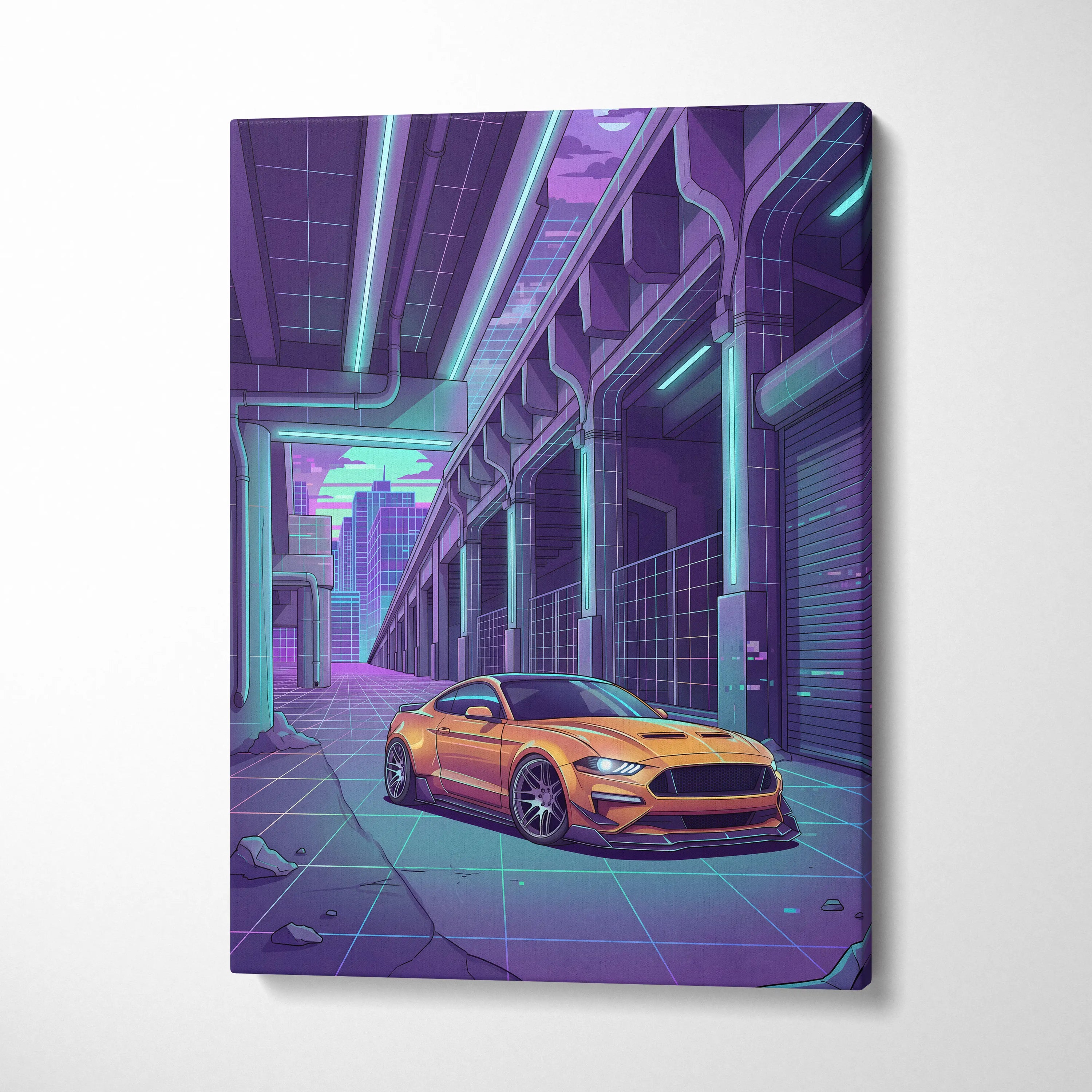Ford Mustang Inspired Orange Purple Canvas Wall Art Vaporwave Muscle Car Artwork Neon Cyberpunk Garage Decor Futuristic City Print