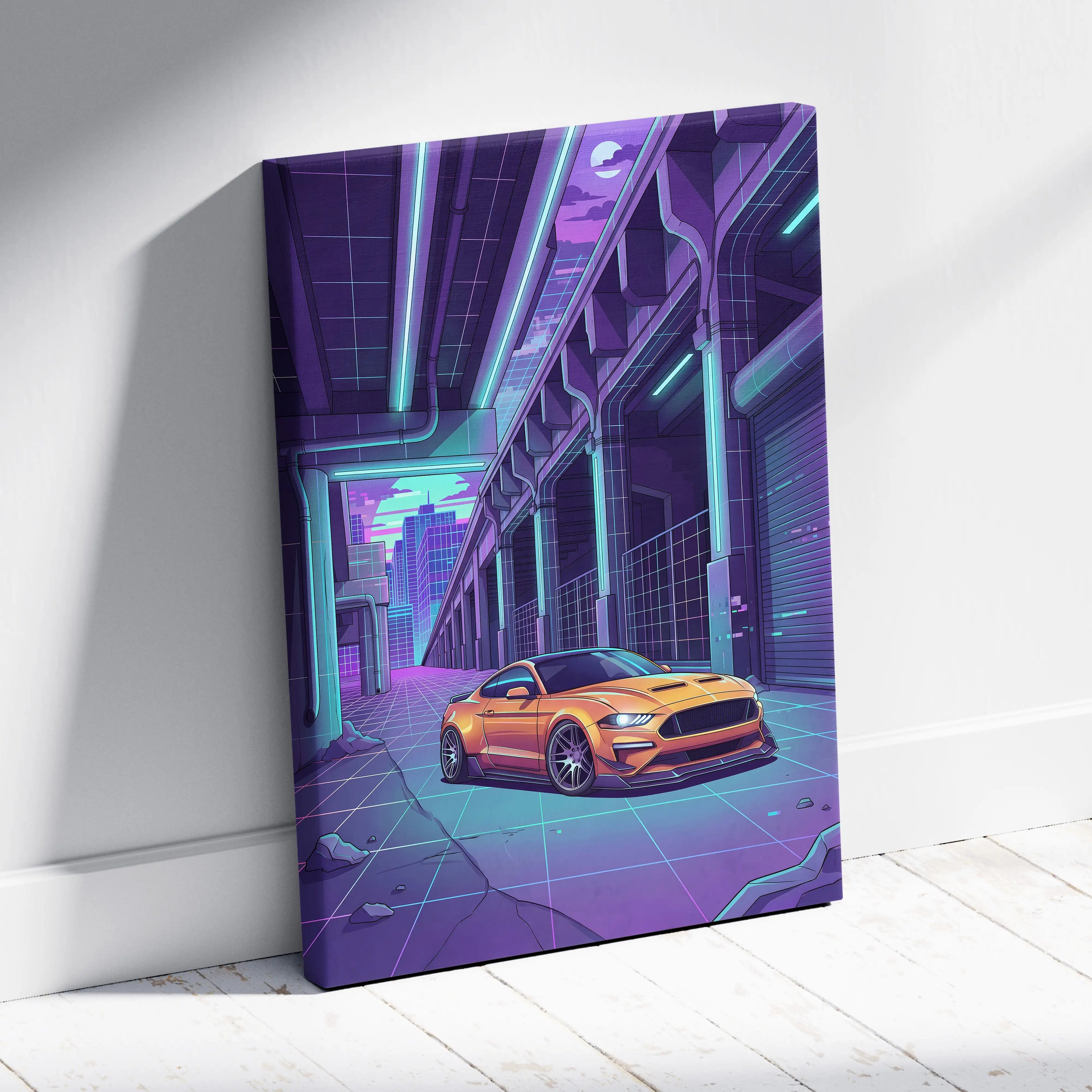 Ford Mustang Inspired Orange Purple Canvas Wall Art Vaporwave Muscle Car Artwork Neon Cyberpunk Garage Decor Futuristic City Print