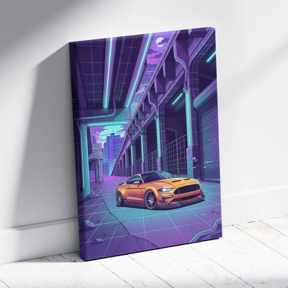 Ford Mustang Inspired Orange Purple Canvas Wall Art Vaporwave Muscle Car Artwork Neon Cyberpunk Garage Decor Futuristic City Print