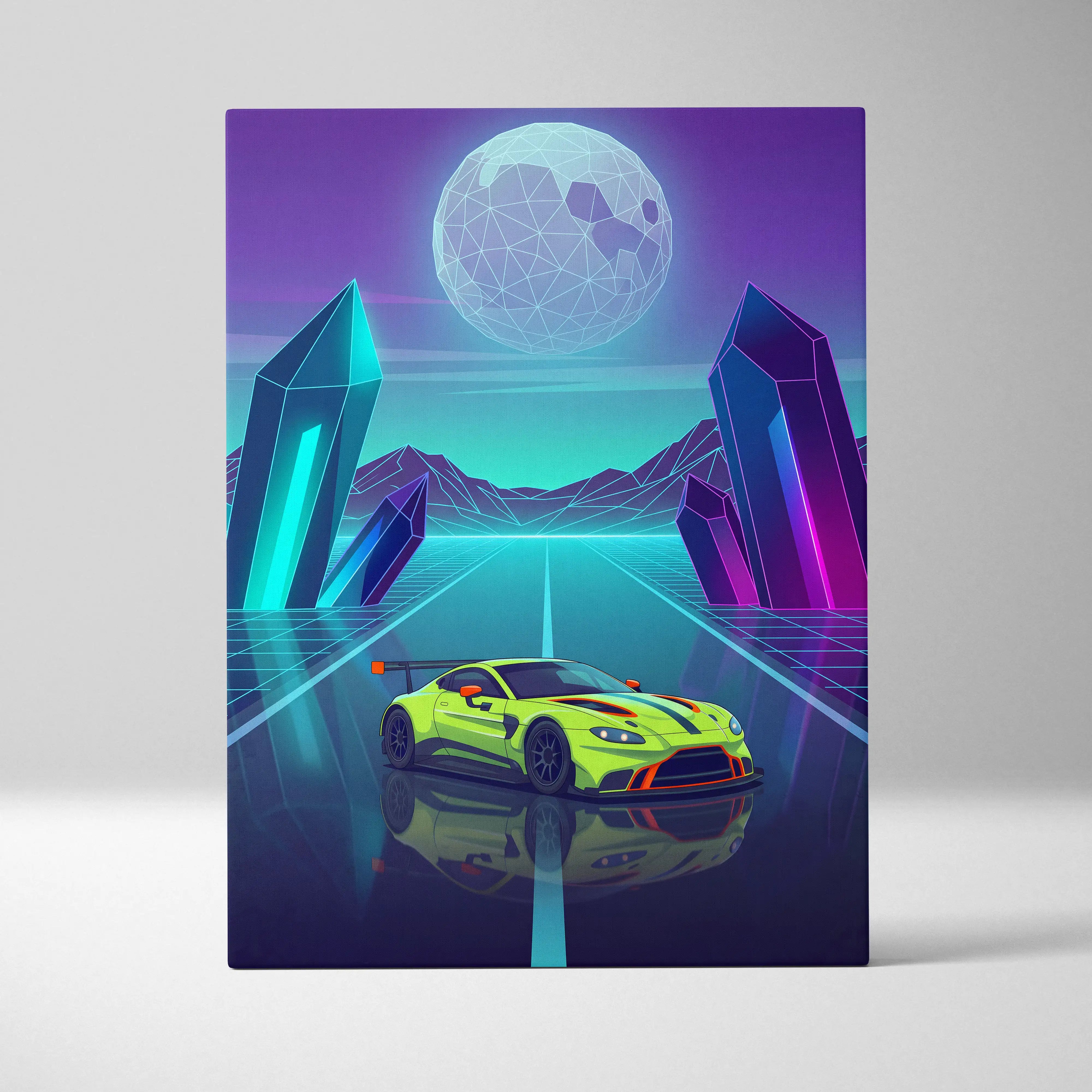 Aston Martin Vantage GT3 Inspired Lime Purple Canvas Wall Art Vaporwave Race Car Artwork Neon Crystal Garage Decor Futuristic Motorsport Print