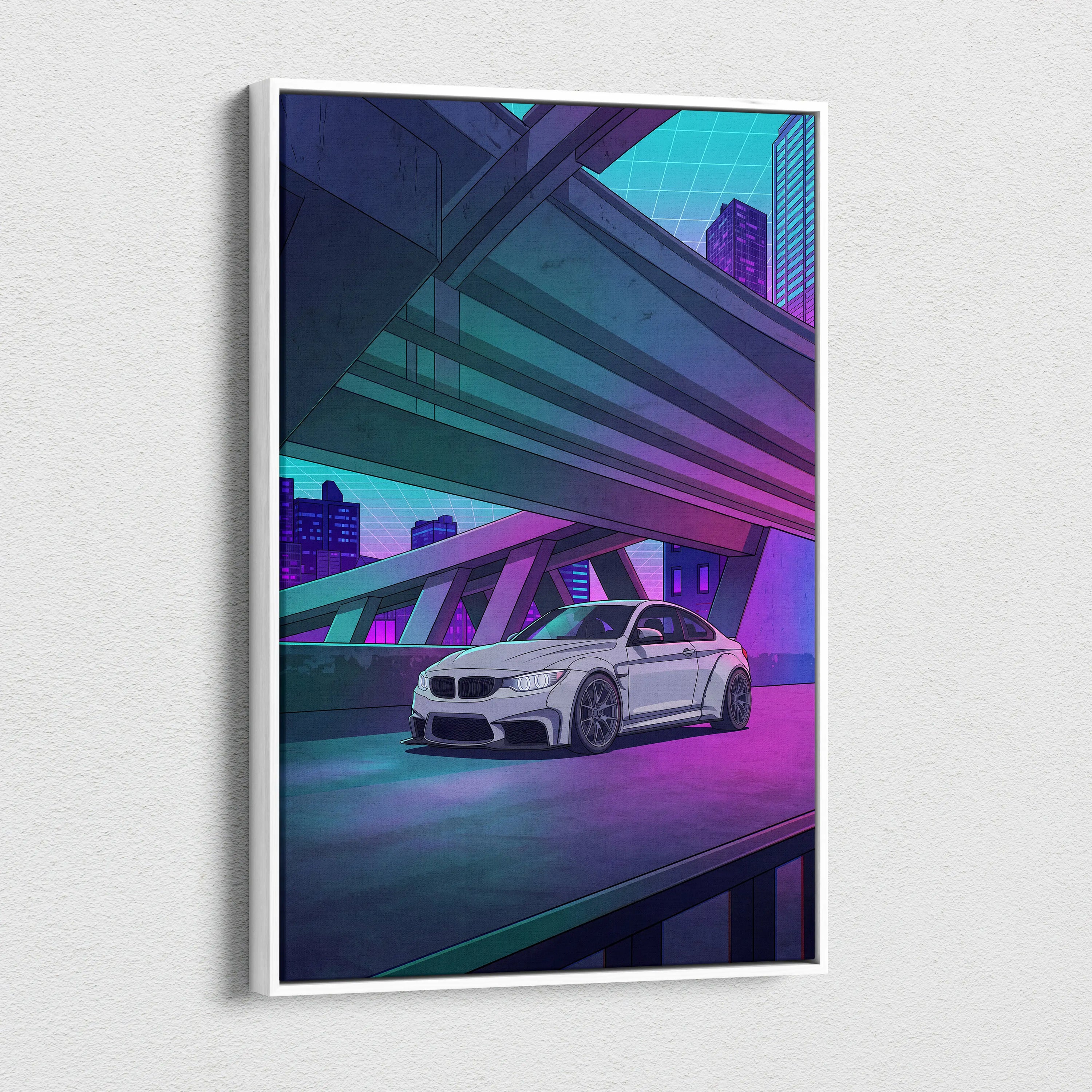 BMW M4 Inspired White Purple Canvas Wall Art Vaporwave Sports Car Artwork Neon Overpass Garage Decor Retro Futuristic City Print