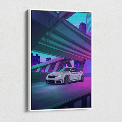 BMW M4 Inspired White Purple Canvas Wall Art Vaporwave Sports Car Artwork Neon Overpass Garage Decor Retro Futuristic City Print
