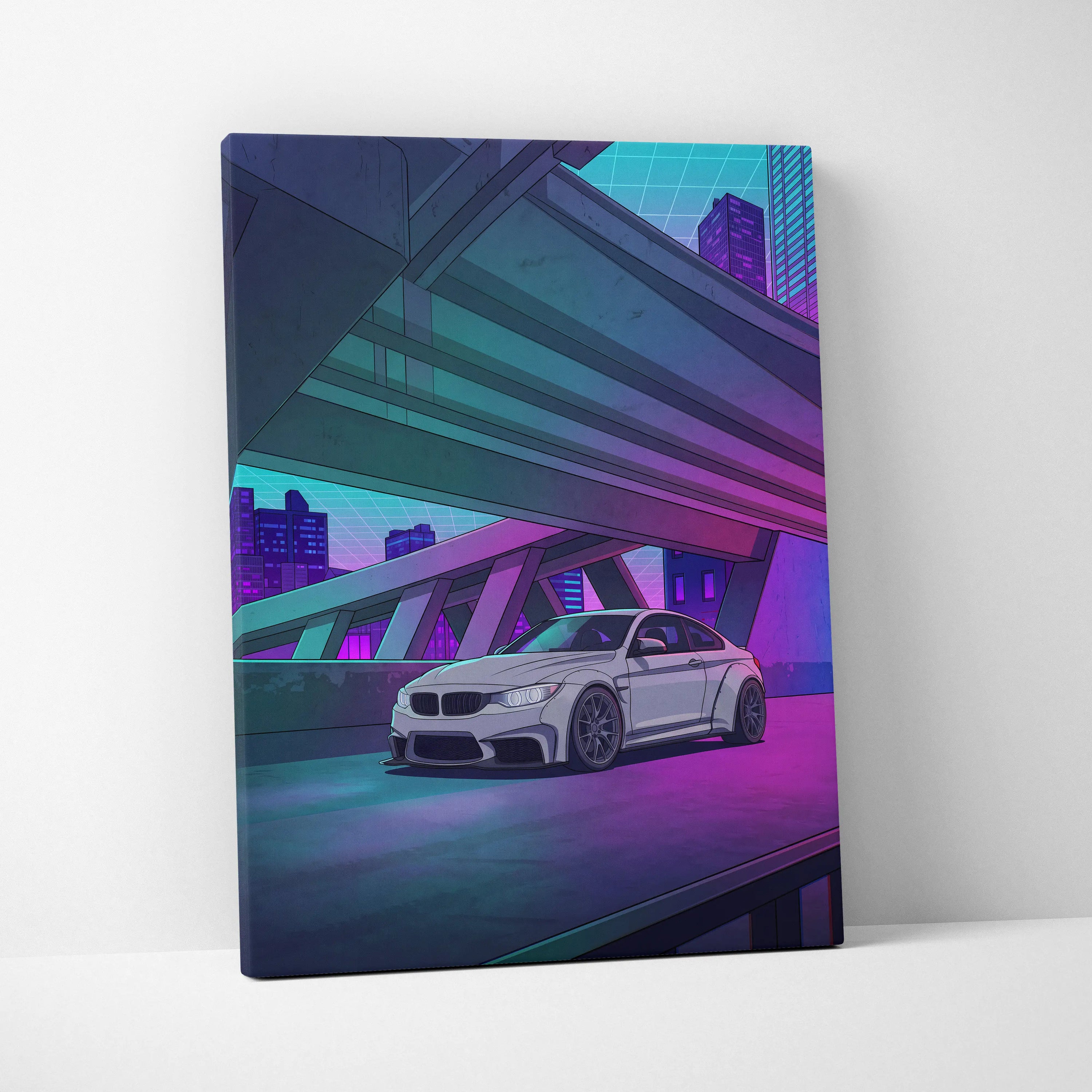 BMW M4 Inspired White Purple Canvas Wall Art Vaporwave Sports Car Artwork Neon Overpass Garage Decor Retro Futuristic City Print