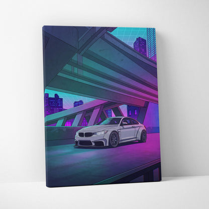 BMW M4 Inspired White Purple Canvas Wall Art Vaporwave Sports Car Artwork Neon Overpass Garage Decor Retro Futuristic City Print