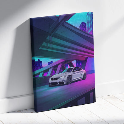 BMW M4 Inspired White Purple Canvas Wall Art Vaporwave Sports Car Artwork Neon Overpass Garage Decor Retro Futuristic City Print