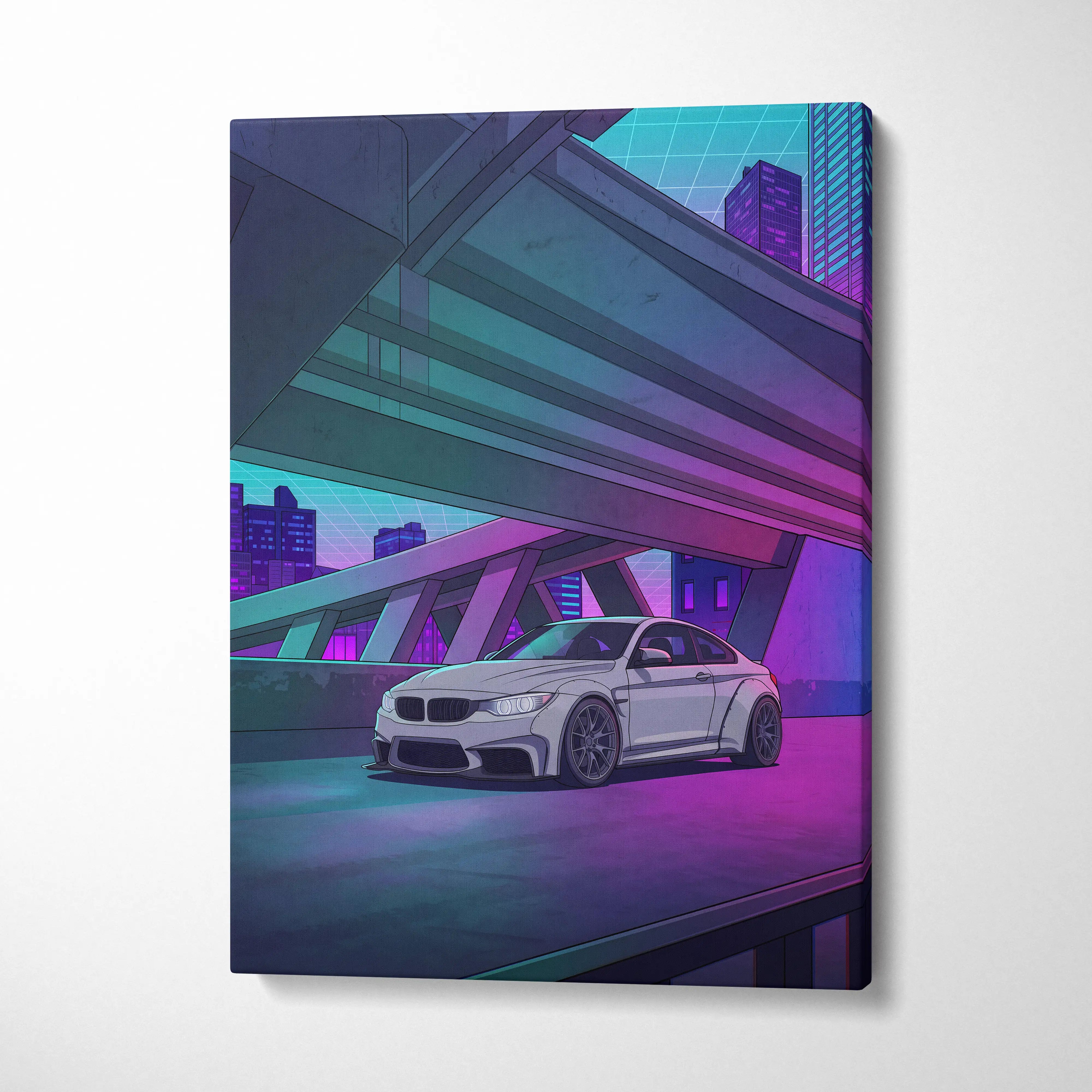 BMW M4 Inspired White Purple Canvas Wall Art Vaporwave Sports Car Artwork Neon Overpass Garage Decor Retro Futuristic City Print